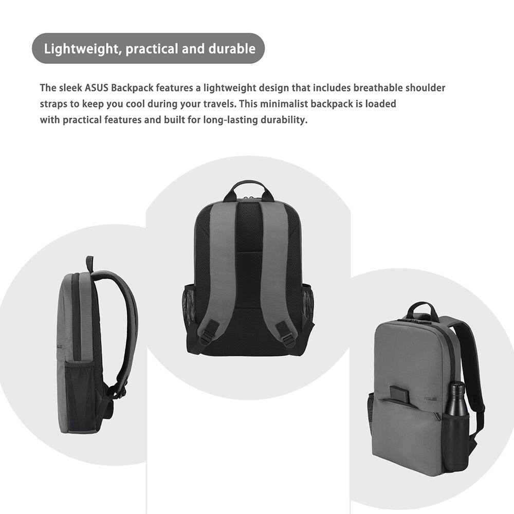 Lightweight, practical and durable

The sleek ASUS Backpack features a lightweight design that includes breathable shoulder straps to keep you cool during your travels. This minimalist backpack is loaded with practical features and built for long-lasting durability.