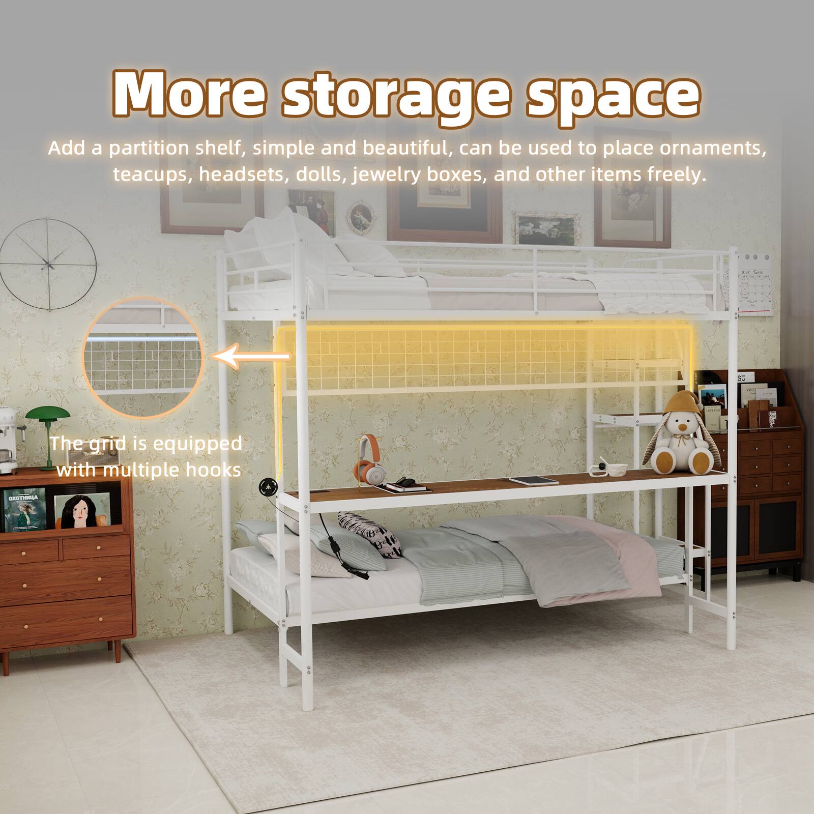 More storage space

Add a partition shelf, simple and beautiful, can be used to place ornaments, teacups, headsets, dolls, jewelry boxes, and other items freely.

The grid is equipped with multiple hooks