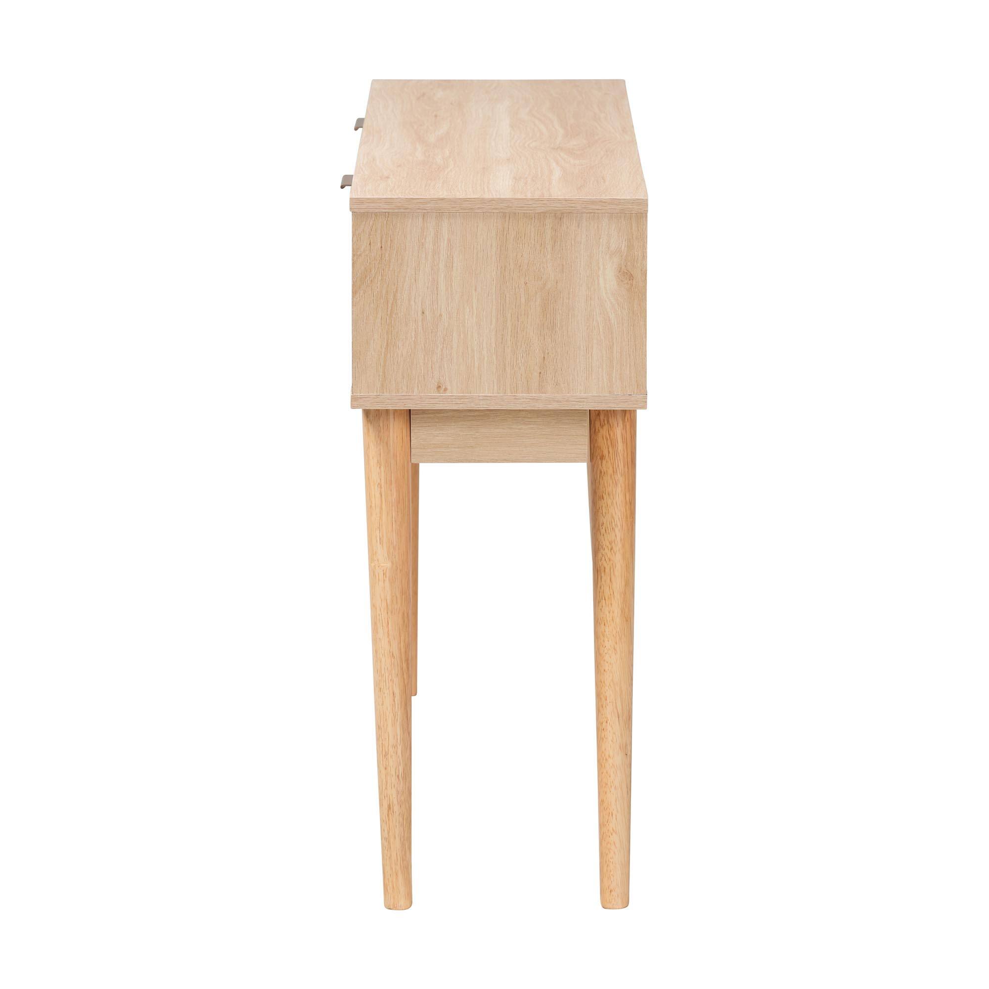 Back. Baxton Studio - Baird Mid-Century Modern Light Finished Wood and Rattan 2-Drawer Console Table - Oak Brown.