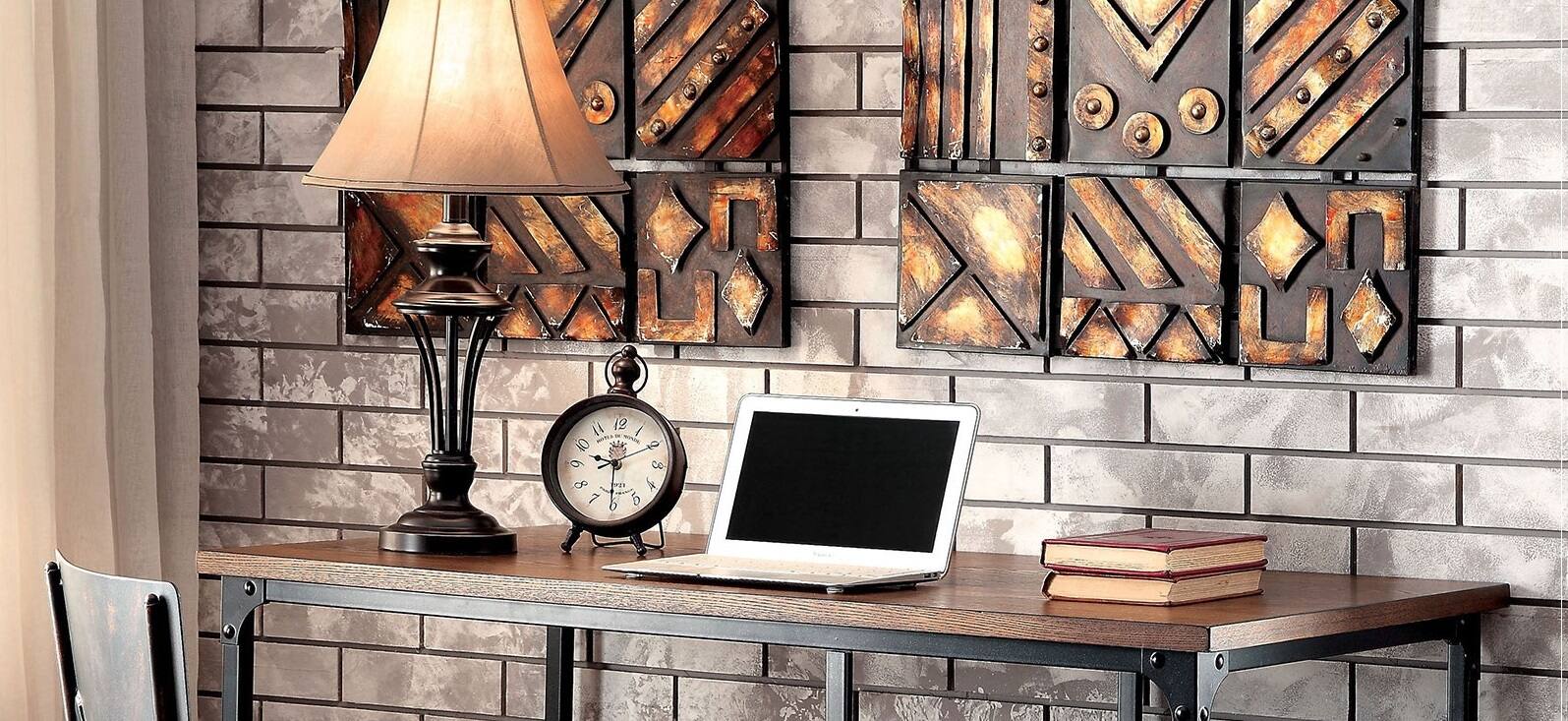 Front. APRILSOUL - Industrial Inspired Desk With An Antique Black Metal Construction Replicated Wood Top And Caster Wheel Accents - Antique Black.