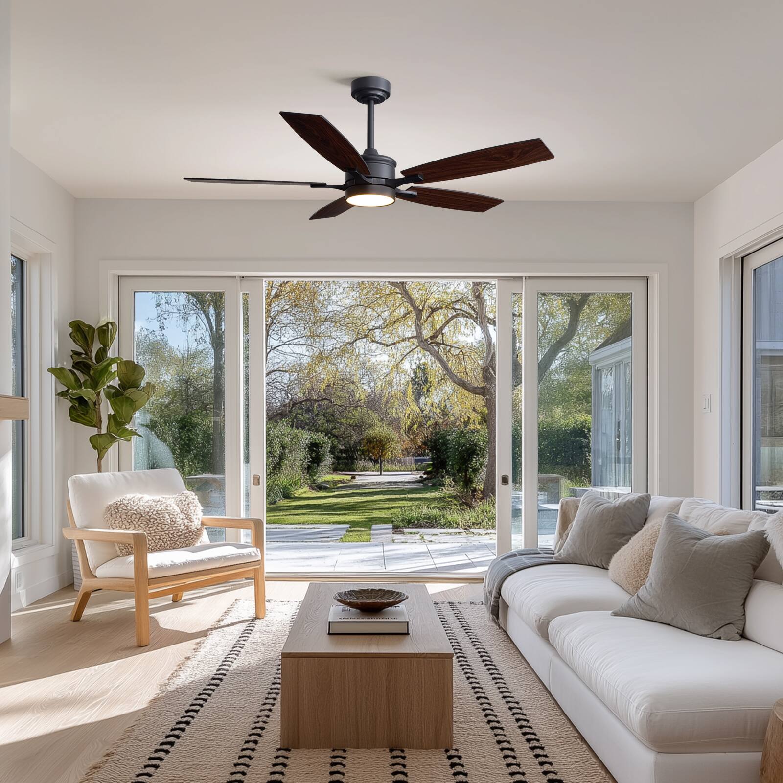 Angle. Siljoy - 52 Inch Modern Walnut Wood 5 Blade Ceiling Fan with LED Light Minimalist Ceiling Fan Light for Bedroom Living Room Foyer - Walnut Wood.