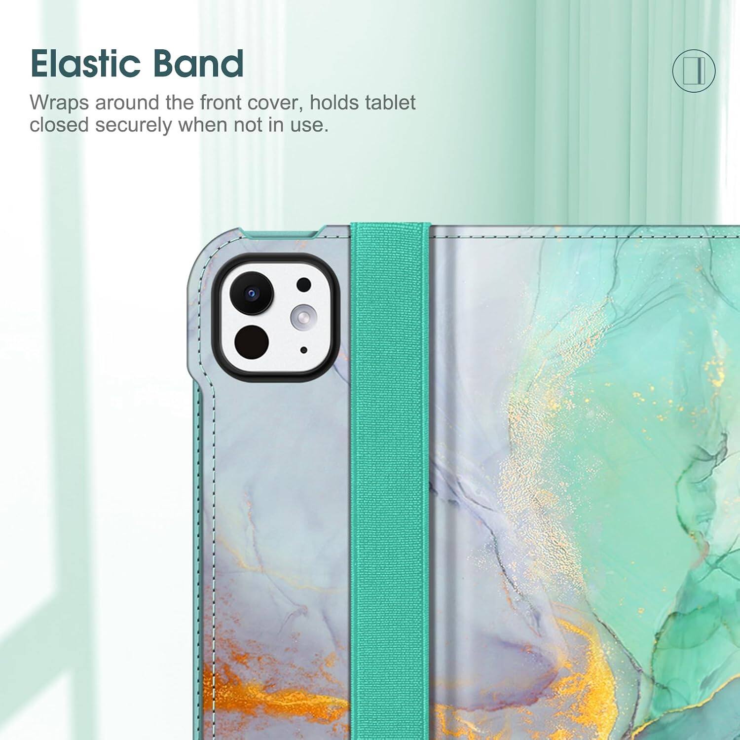 Elastic Band Wraps around the front cover, holds tablet closed securely when not in use.