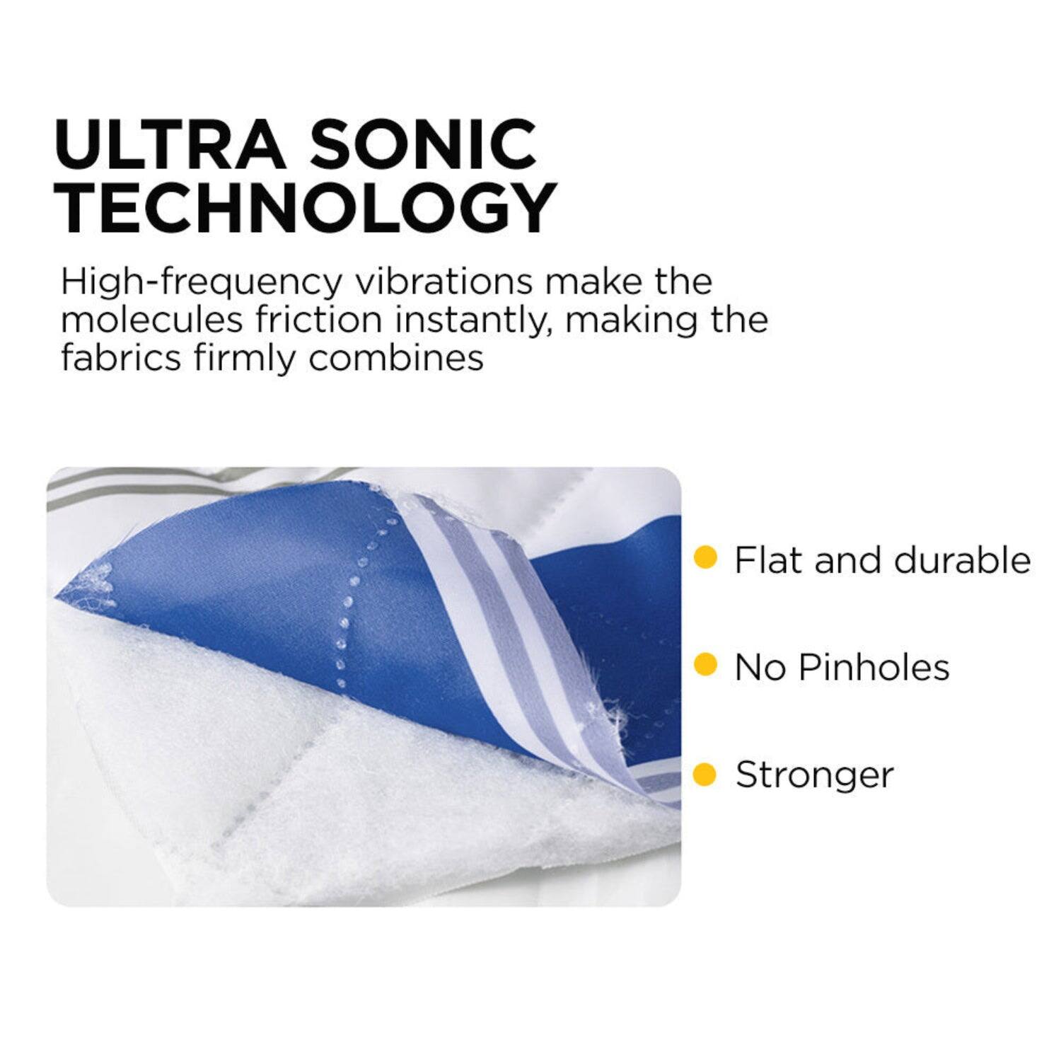 ULTRA SONIC TECHNOLOGY

High-frequency vibrations make the molecules friction instantly, making the fabrics firmly combines

- Flat and durable
- No Pinholes
- Stronger