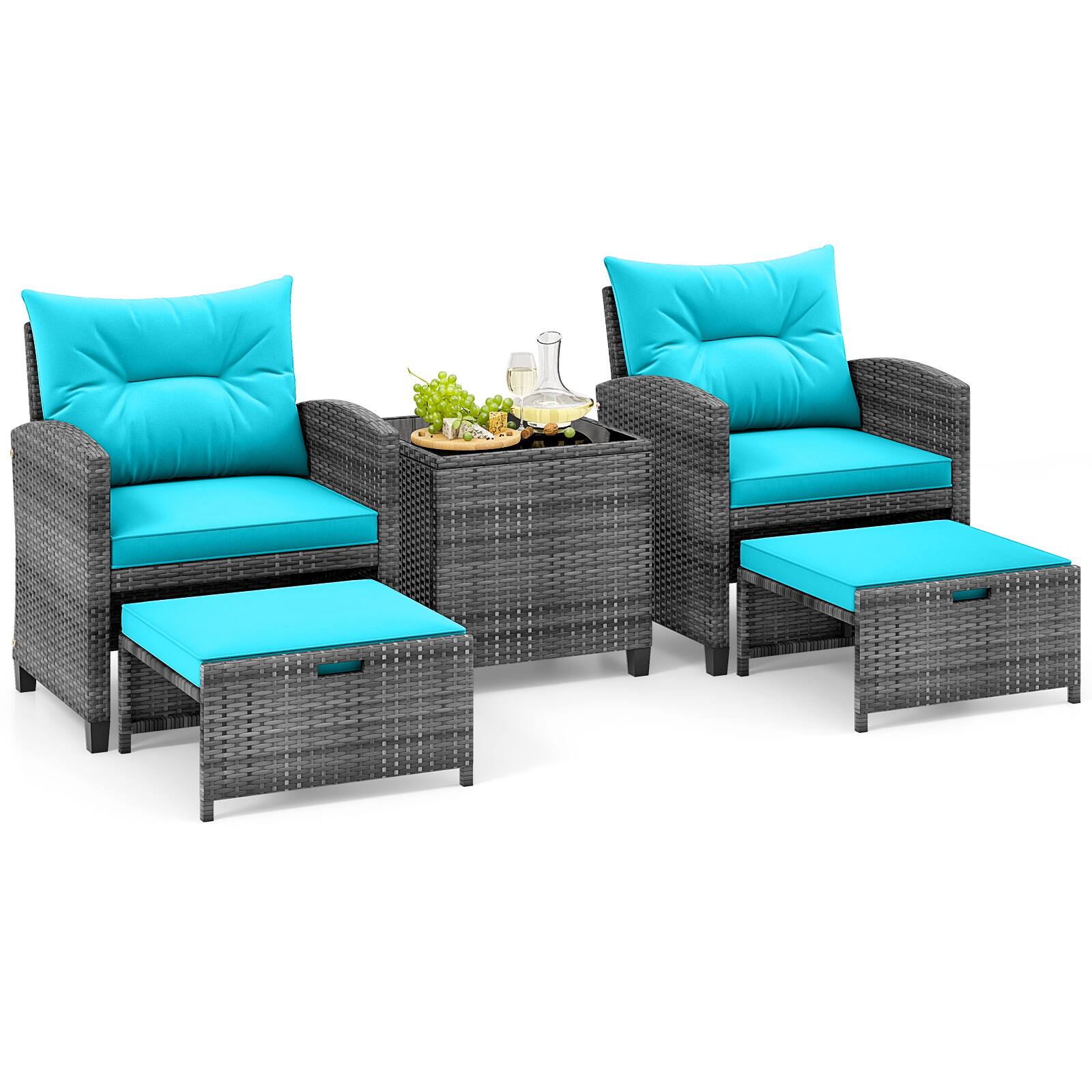Alt View 7. Gymax - Gymax 5 Piece Patio Rattan Furniture w/ 2 Ottomans & Tempered Glass Coffee Table Outdoor Turquoise - Green.