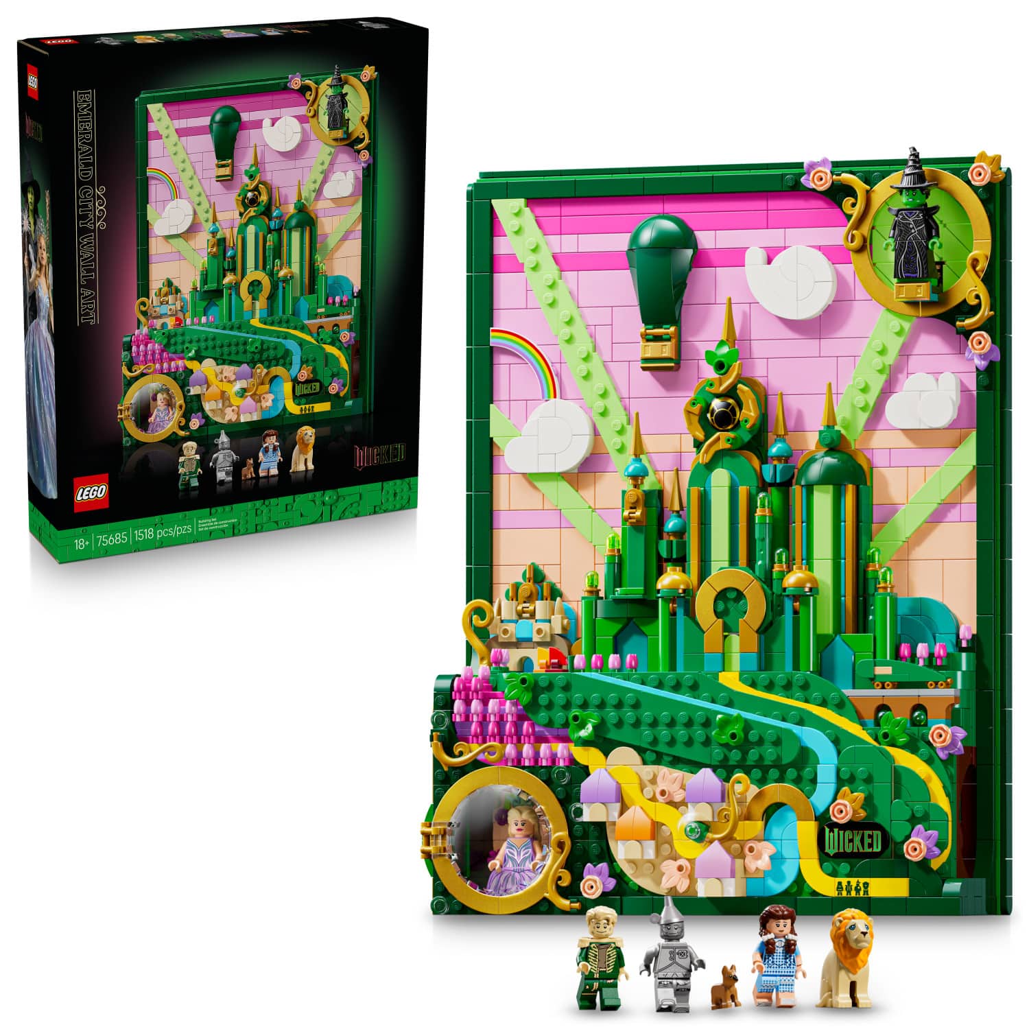 The correct text from the image is:
- "EMERALD CITY WALL"
- "LEGO"
- "18+ 75685 1518 pcs/pzs"
- "WICKED"
- "DOROTHY"
- "WICKED"