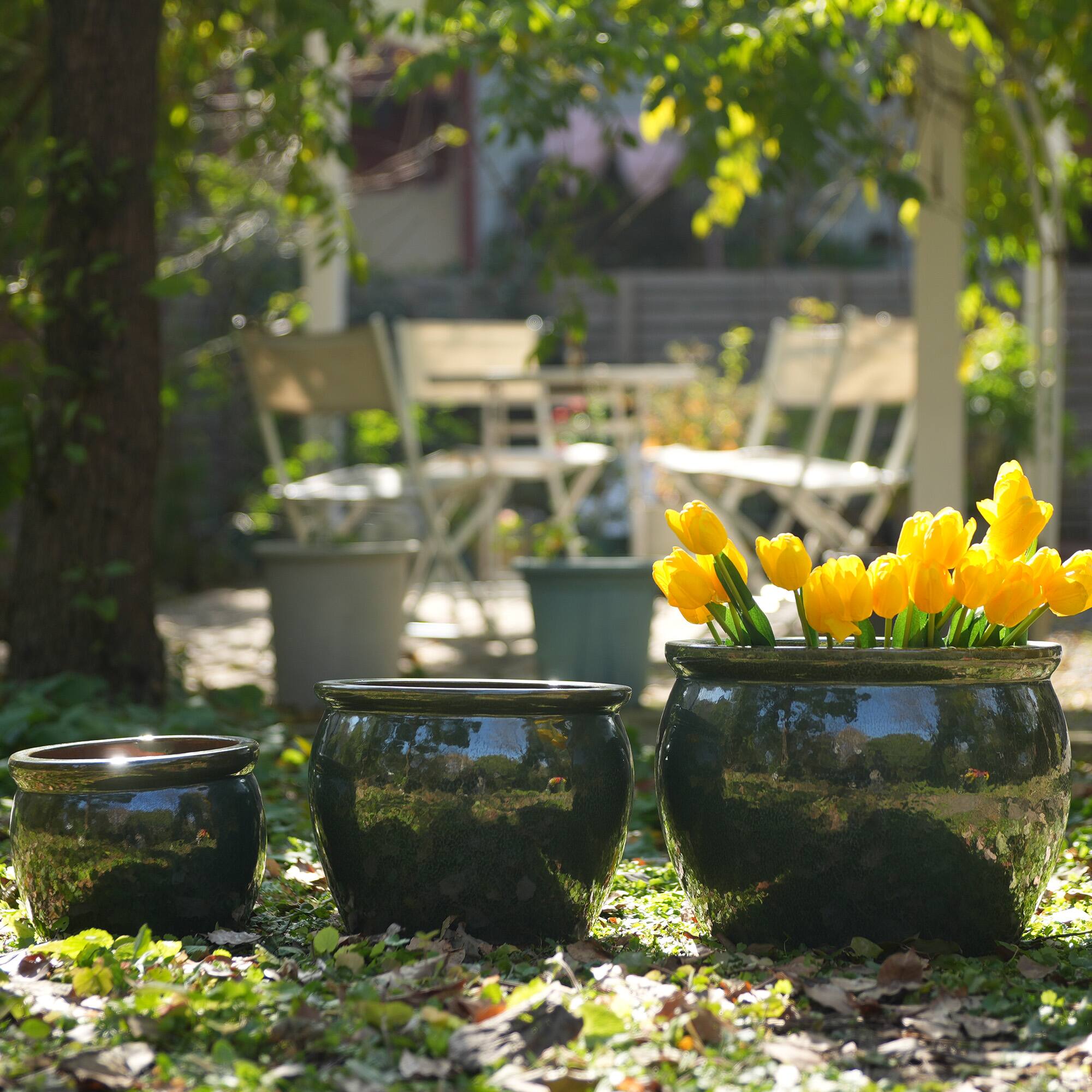 Back. Loheer - Loheer Ceramic Planter Set, Handmade Dark Green Glazed Clay Pots with Drainage, Set of 3 for Indoor Outdoor Plants.