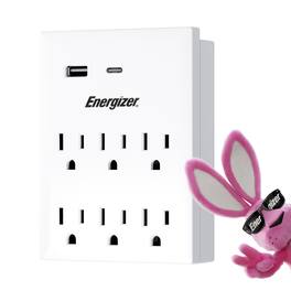 Energizer - 8 Device Multi Plug Wall Outlet Extender – 6 AC Outlets, 1 USB-C, 1 USB-A (2.1A) Grounded Power Strip Adapter - White