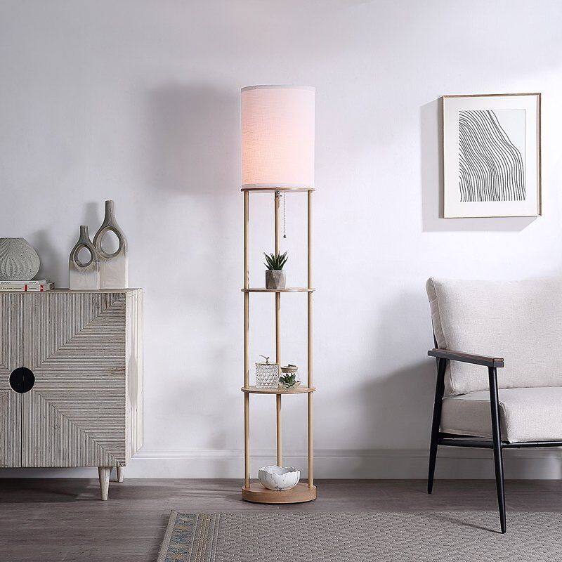 Left. Akoasm - 62 in. Farmhouse Floor Lamp with 3 Shelves, Light Wood Finish, Pull Chain, Hardback Shade for Living Room Bedroom.