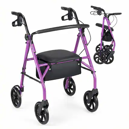 Front. Costway - Costway Rollator Walker with Seat, Height Adjustable Handles, Storage Basket for Seniors - Purple.