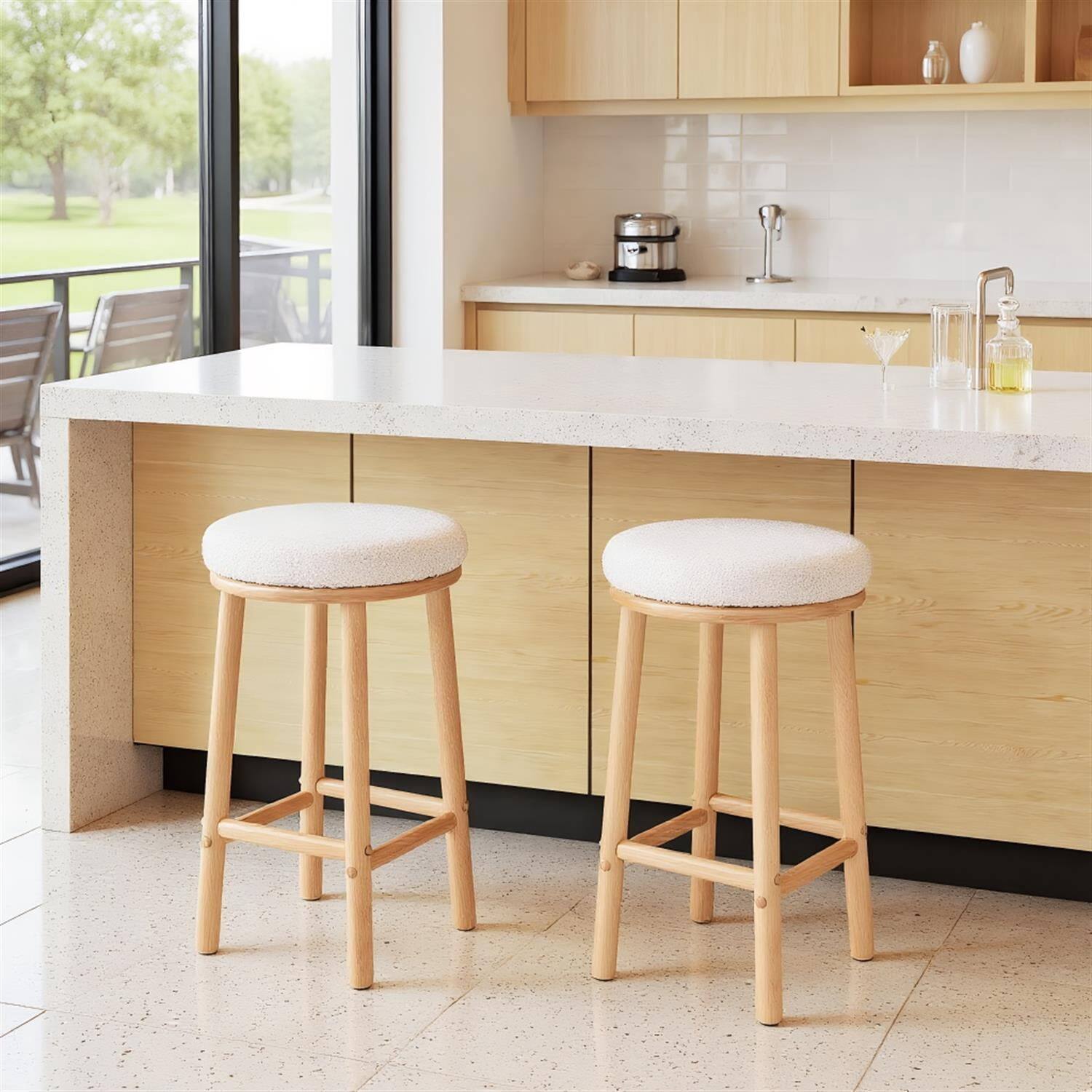 Front. Pefilos - 27 Inch Bar Stools Set of 2, Boucle Stain-Resistant Fabric Padded Seats with Footrest, Upholstered Counter Stools - White.
