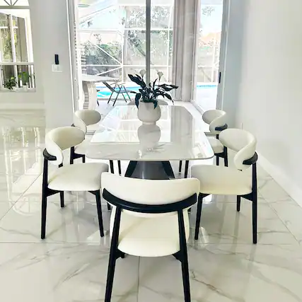 Front. POVISON - 63" Modern Minimalist Dining Table for 4, White Rectangular Glossy Sintered Stone Tabletop, Dark Gray Carbon Steel Leg - Glossy White Sintered Stone with Gray.