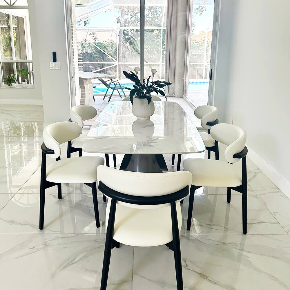 Front. POVISON - 63" Modern Minimalist Dining Table for 4, White Rectangular Glossy Sintered Stone Tabletop, Dark Gray Carbon Steel Leg - Glossy White Sintered Stone with Gray.