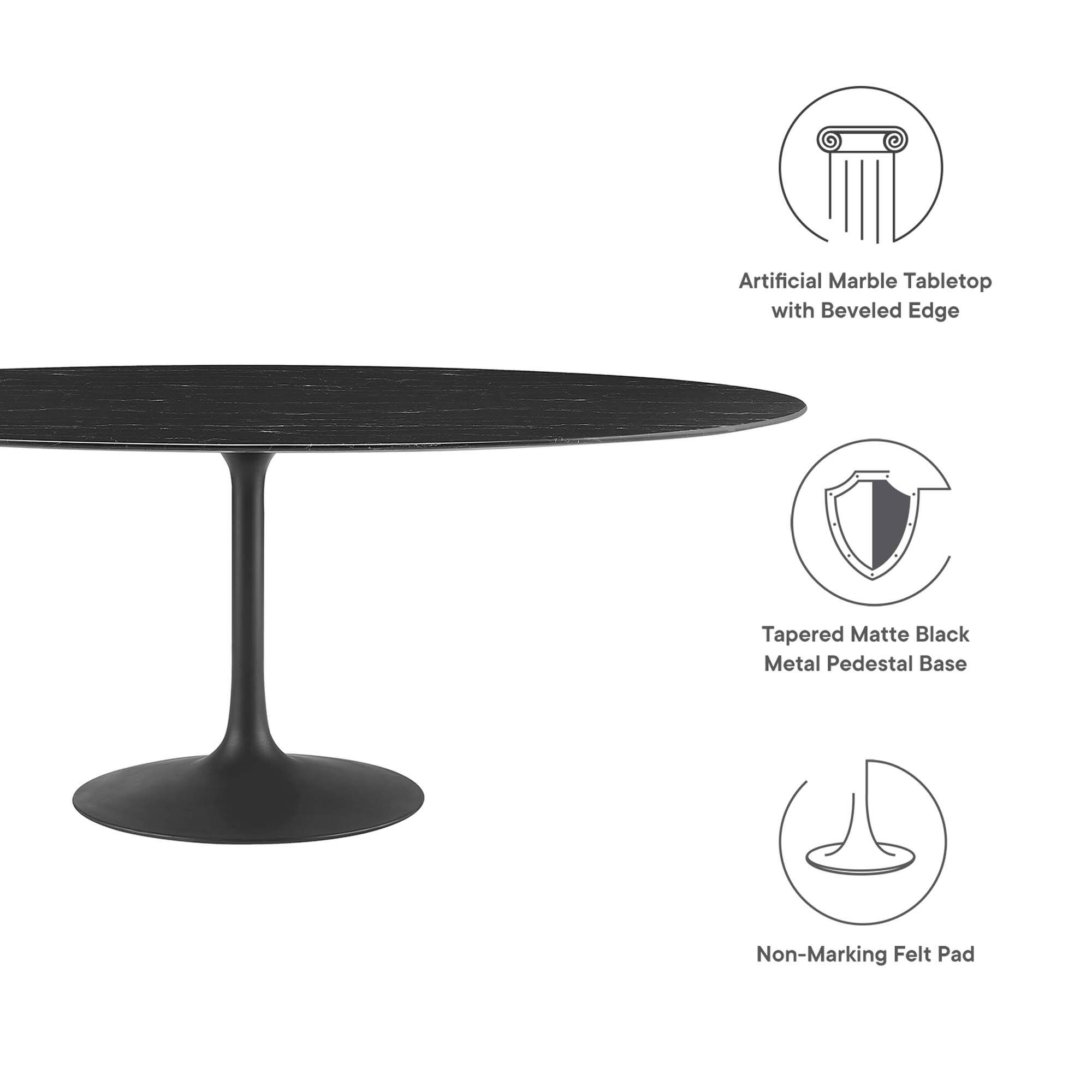 Artificial Marble Tabletop with Beveled Edge  
Tapered Matte Black Metal Pedestal Base  
Non-Marking Felt Pad