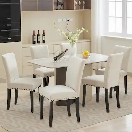 Front. Acekool - Dining Chairs Set of 6, Linen Fabric Upholstered Parsons Diner Room Chair Sets, Nailhead Trim Design - Beige.