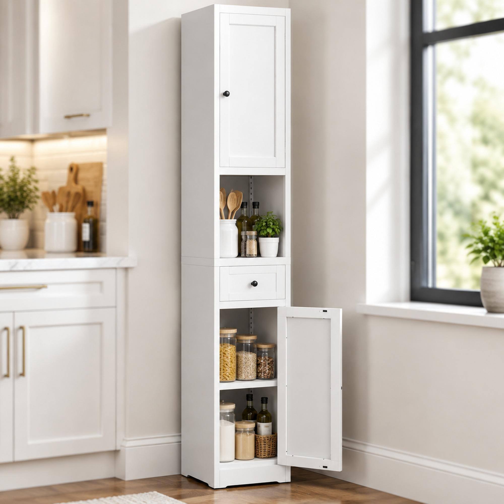 Front. RYHNUYNE - 71 Inch Tall Bathroom Storage Cabinet with Adjustable Shelves, 5-Tier Narrow Metal Cabinet for Kitchen, White - White.