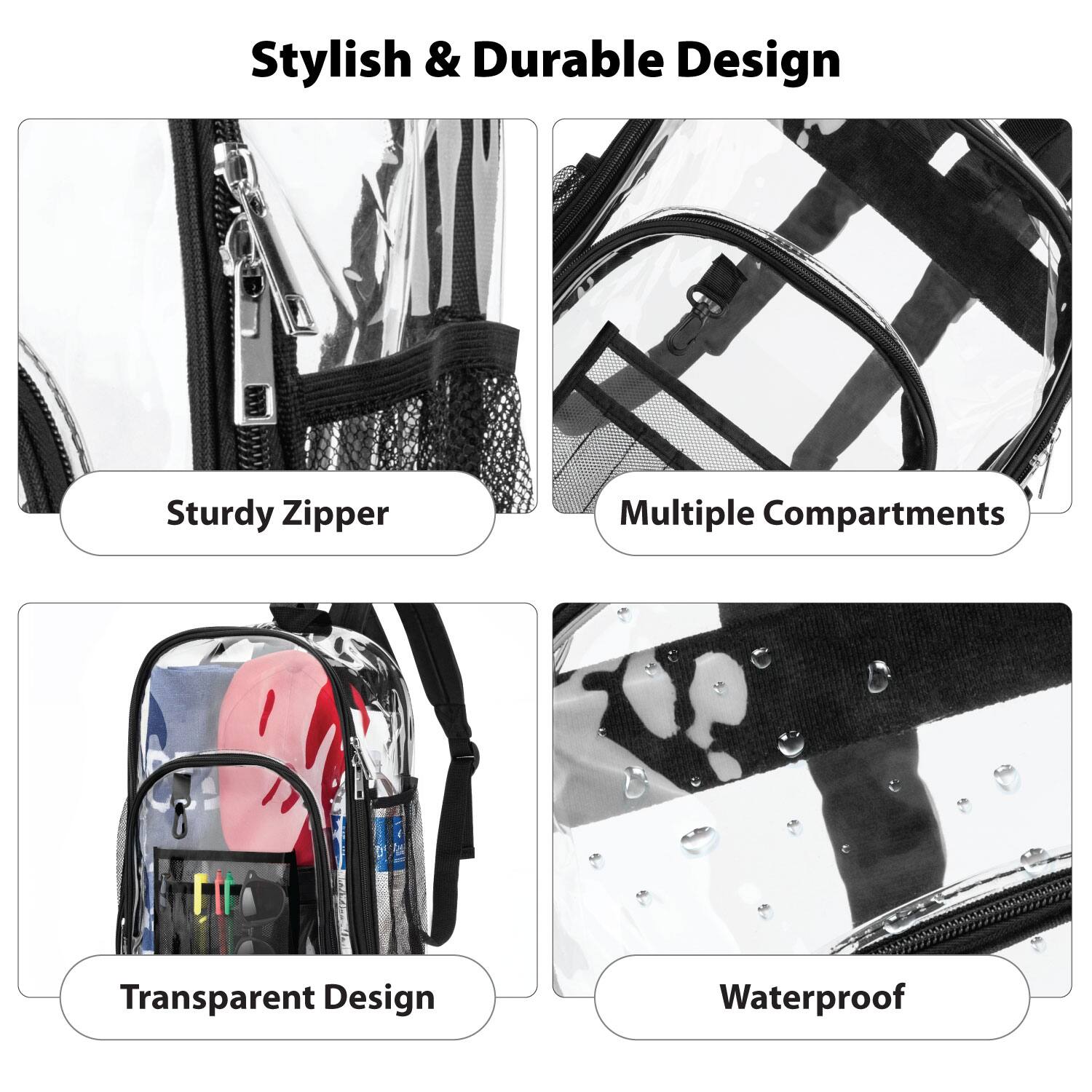 Stylish & Durable Design

- Sturdy Zipper
- Multiple Compartments
- Transparent Design
- Waterproof