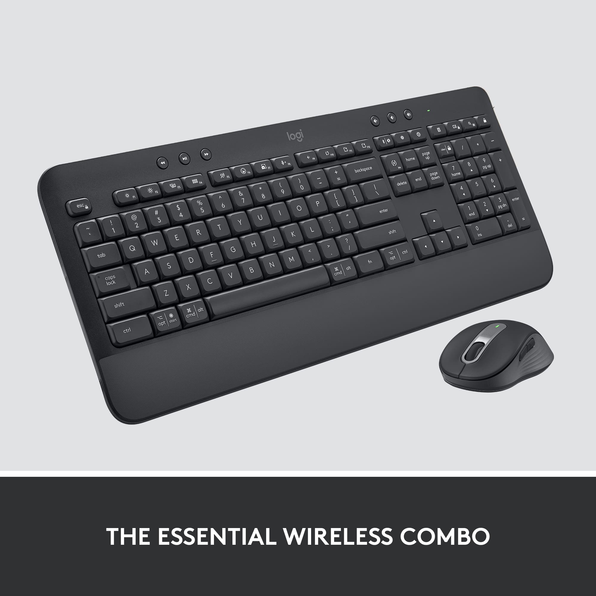 The essential wireless combo includes a black keyboard and a wireless mouse. The keyboard is designed by Logitech and features a sleek design with a compact layout. The wireless mouse is also designed by Logitech and offers a comfortable and precise experience for users. This combo is perfect for those who want a convenient and efficient workspace without the hassle of tangled cords.