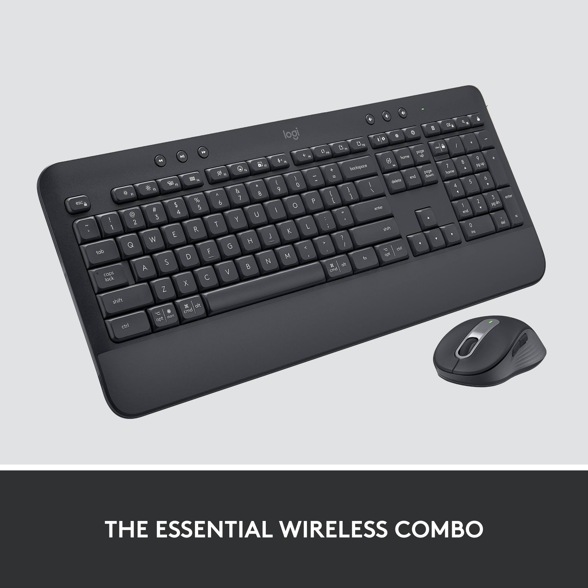 The essential wireless combo includes a black keyboard and a wireless mouse. The keyboard is designed by Logitech and features a sleek design with a compact layout. The wireless mouse is also designed by Logitech and offers a comfortable and precise experience for users. This combo is perfect for those who want a convenient and efficient workspace without the hassle of tangled cords.