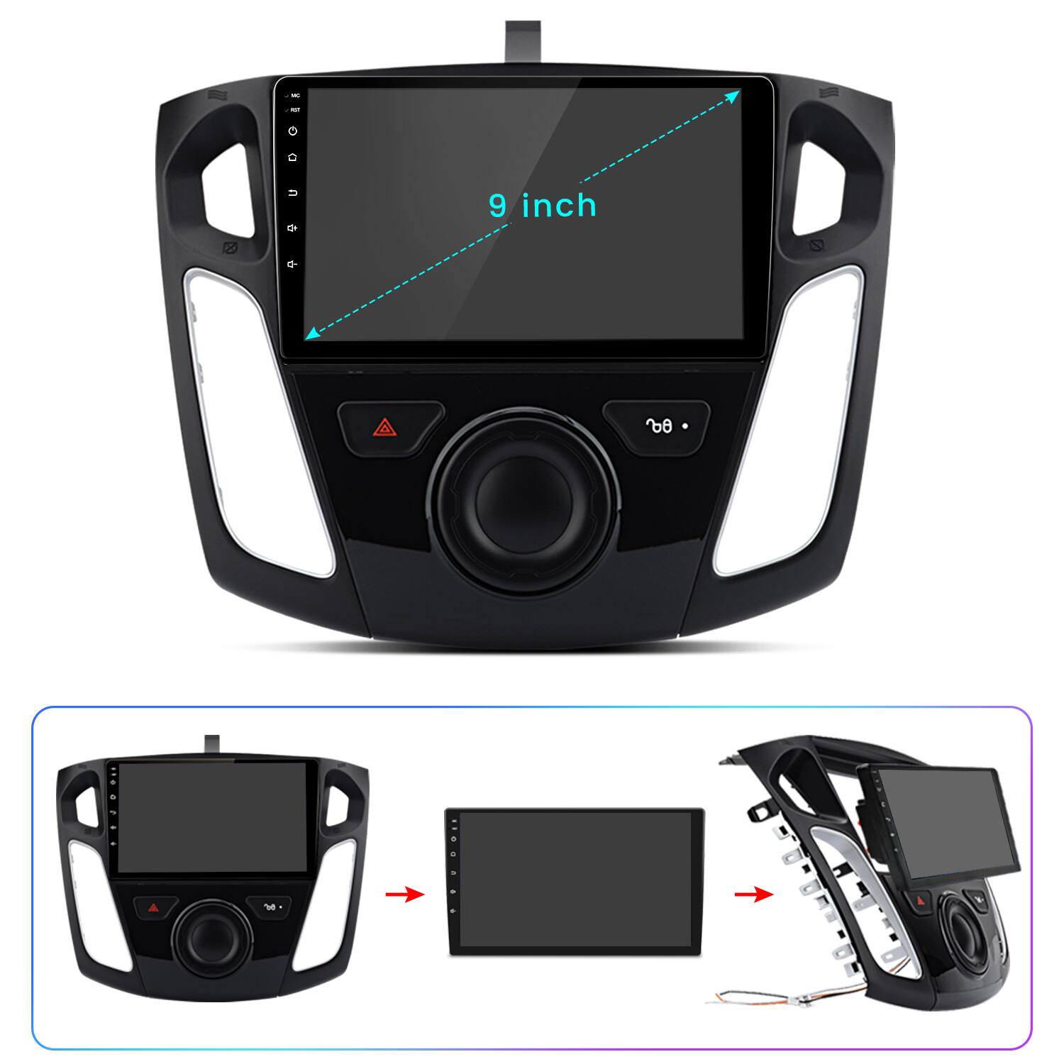 Back. Junsun - 9" 2011-2019 2+64GB carplay Android 14 Car Stereo Radio GPS Navi WIFI RDS DSP SWC FM BT For Ford Focus 2011-2019 - Black.