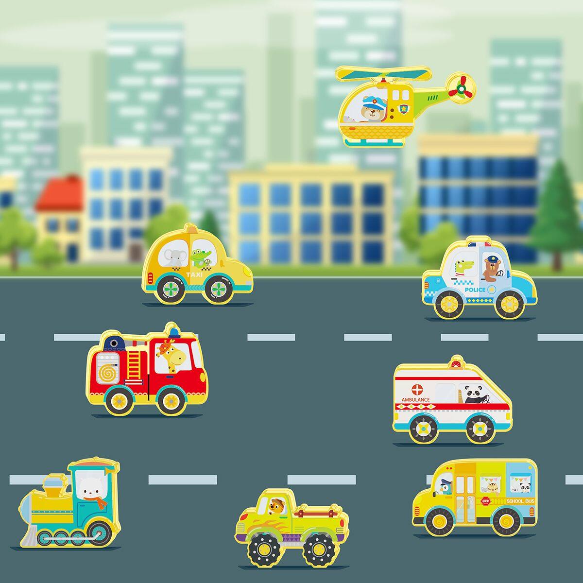 The text on the image is: TAXI, POLICE, AMBULANCE, SCHOOL BUS.