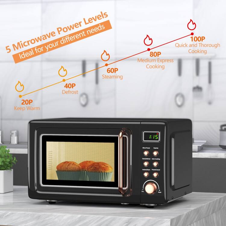 5 Microwave Power Levels Ideal for your different needs

20P Keep Warm
40P Defrost
60P Steaming
80P Medium Express Cooking
100P Quick and Thorough Cooking