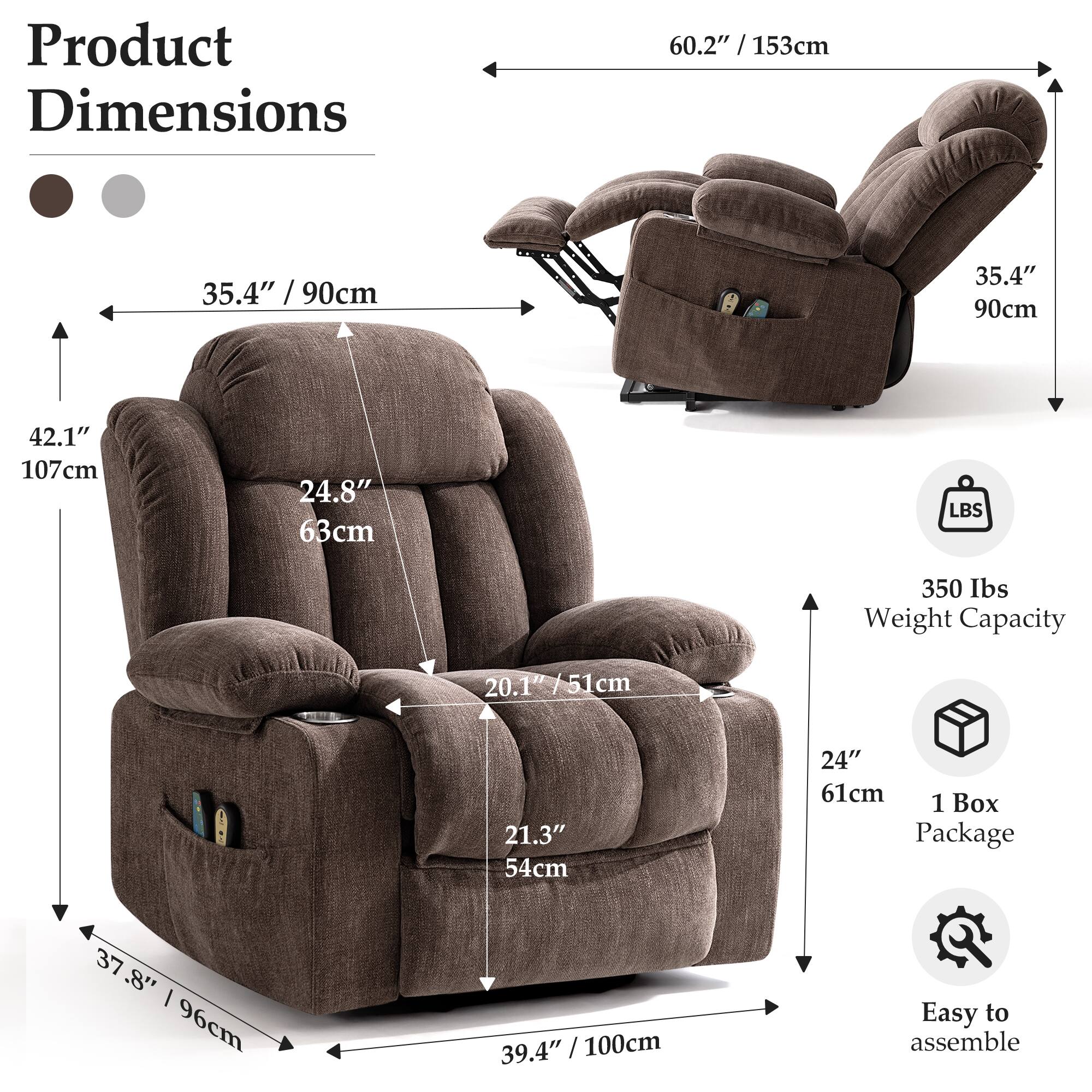 Product Dimensions  
60.2" / 153cm  
35.4" / 90cm  
42.1" / 107cm  
24.8" / 63cm  
20.1" / 51cm  
21.3" / 54cm  
24" / 61cm  
37.8" / 96cm  
39.4" / 100cm  

Weight Capacity  
350 lbs  

Package  
1 Box  

Easy to assemble