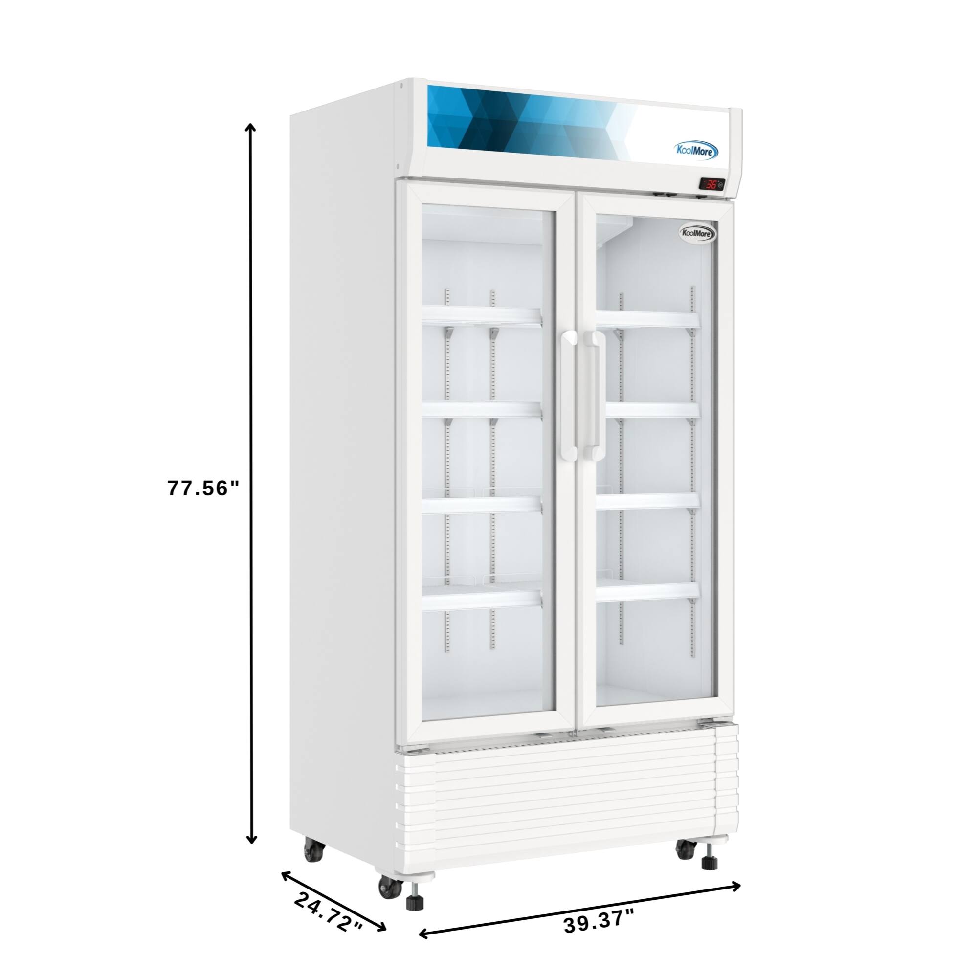 The dimensions of the refrigerator are 77.56 inches tall, 24.72 inches wide, and 39.37 inches deep.