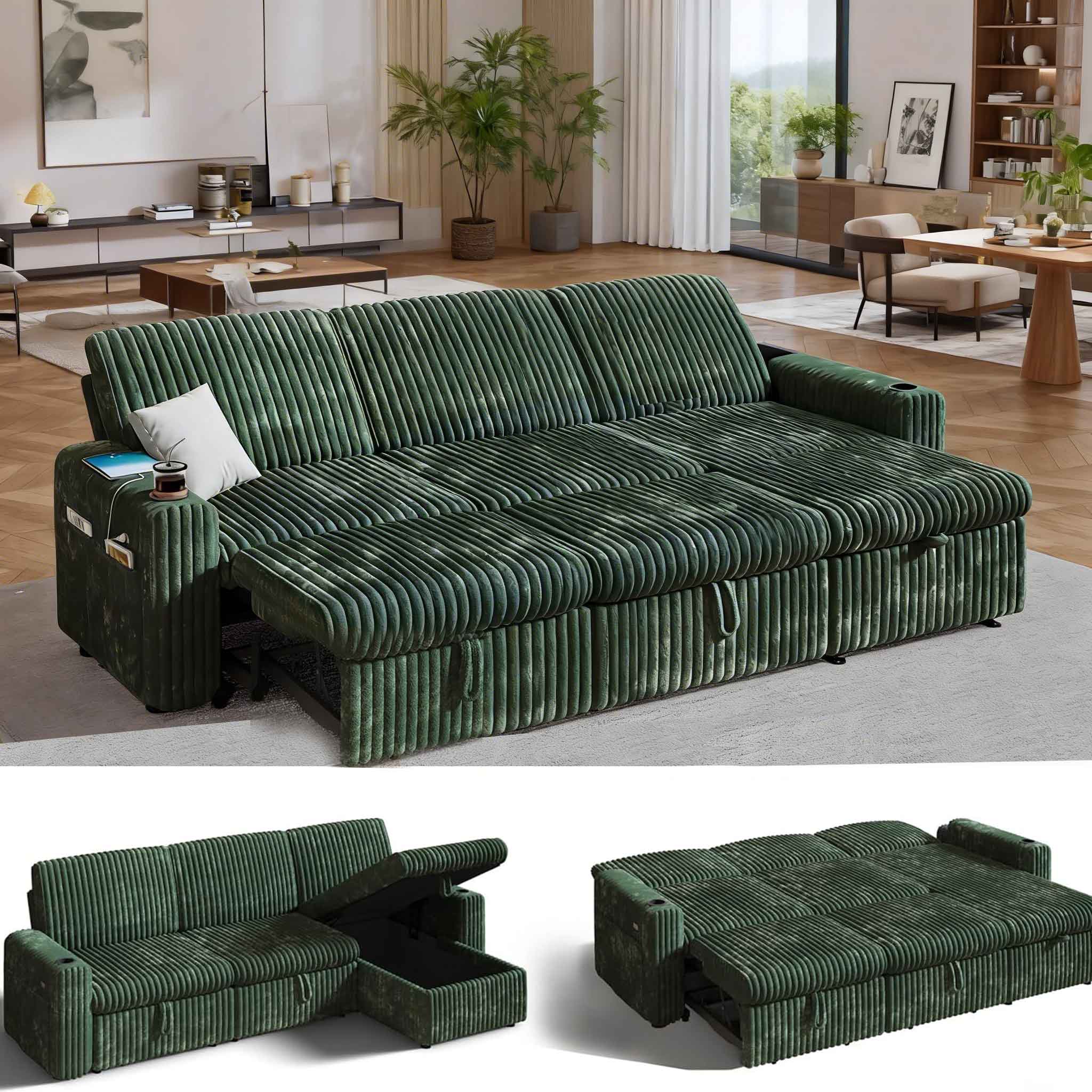 Dyonery - 101" Sectional Sleeper Sofa Bed with Pull Out Bed, L Shaped Couch Sleeper Sofa,Plush Corduroy Green - Green