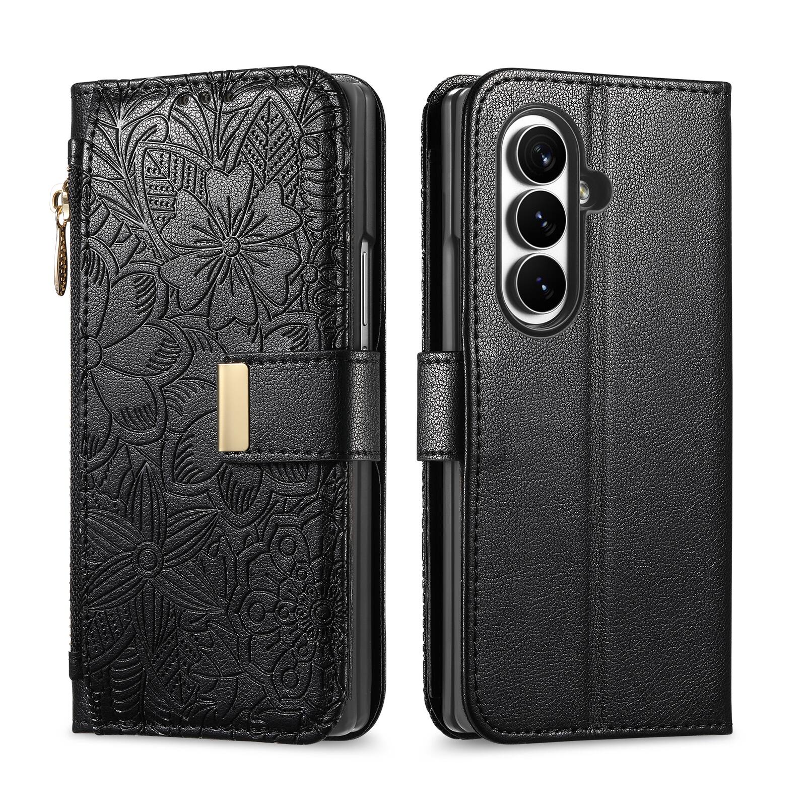 Angle. UUCOVER - Zipper Wallet Embossed Case for Samsung Galaxy Z Fold 8 Ultra,Shockproof Leather+PC Magnetic Case Card Slots Stand Cover - Black.
