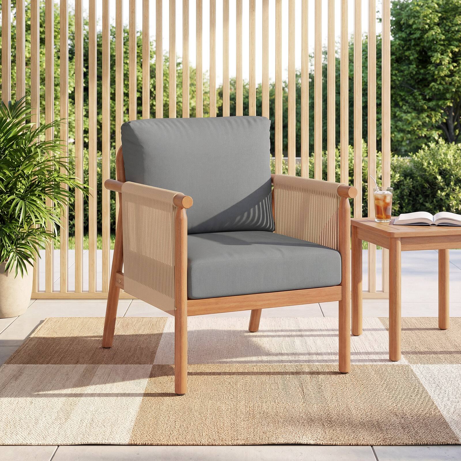 Alt View 3. Gymax - Gymax 2PCS Patio Acacia Wood Chair w/ Woven Rope Armrests & Seat Back Cushions Gray - Gray.