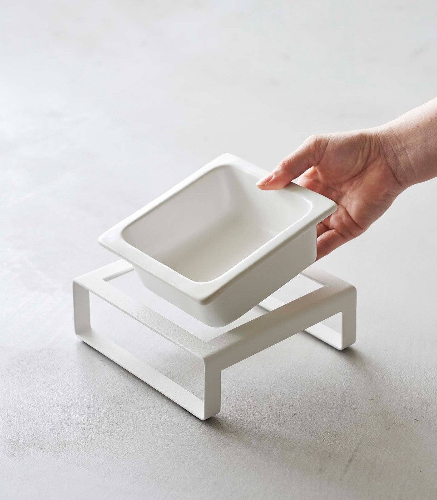 Left. Yamazaki Home - Single Pet Food Bowl - Steel + Ceramic - White.