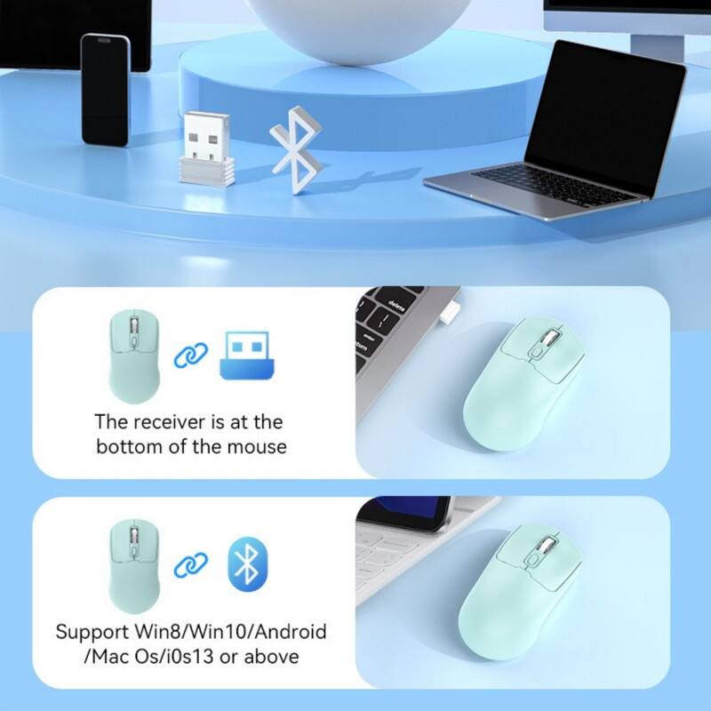 The receiver is at the bottom of the mouse.

Support Win8/Win10/Android/Mac OS/iOS13 or above.
