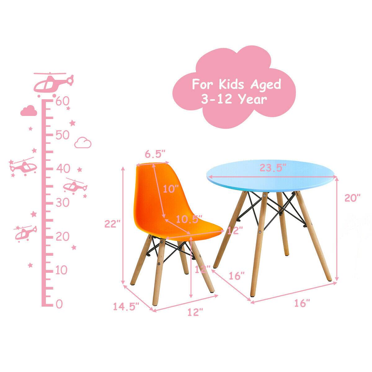For Kids Aged 3-12 Year

- Chair:
  - Height: 22"
  - Seat Height: 14.5"
  - Seat Depth: 10.5"
  - Back Height: 10"
  - Back Width: 6.5"

- Table:
  - Diameter: 23.5"
  - Height: 16"
  - Leg Length: 12"