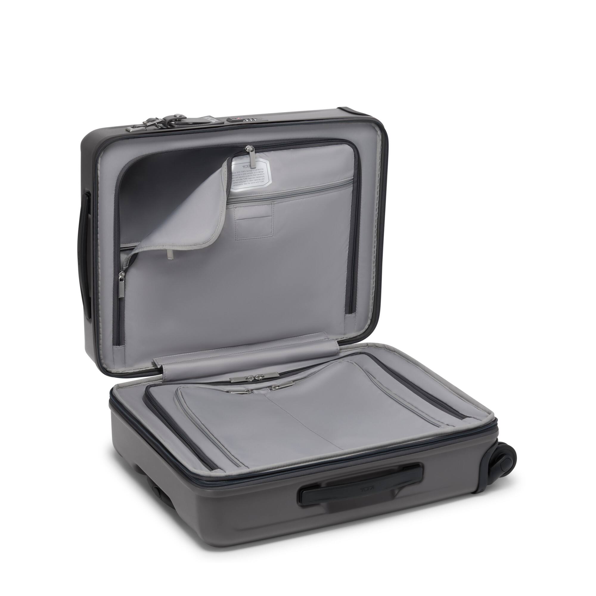 Angle. TUMI - Ventra Large Expandable Carry-On Spinner Suitcase - Castle Rock Texture.