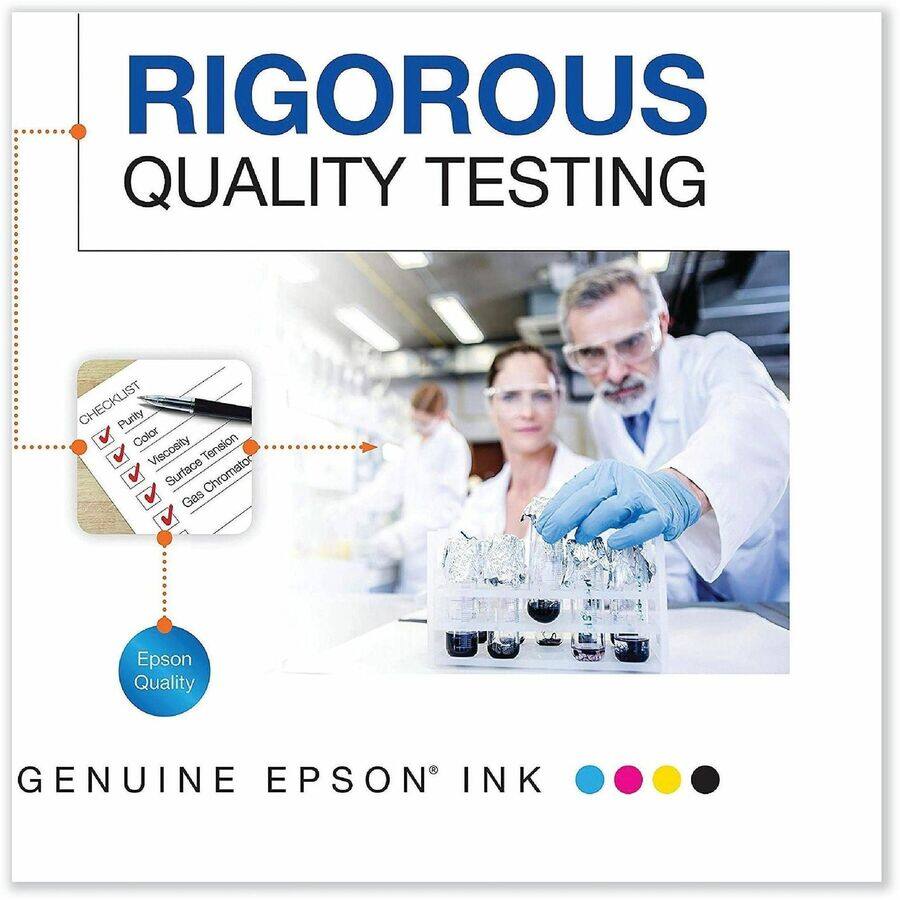 RIGOROUS QUALITY TESTING

CHECKLIST
- Purity
- Color
- Tension
- Viscosity
- Surface Chromatography
- Gas
- Epson Quality

GENUINE EPSON INK