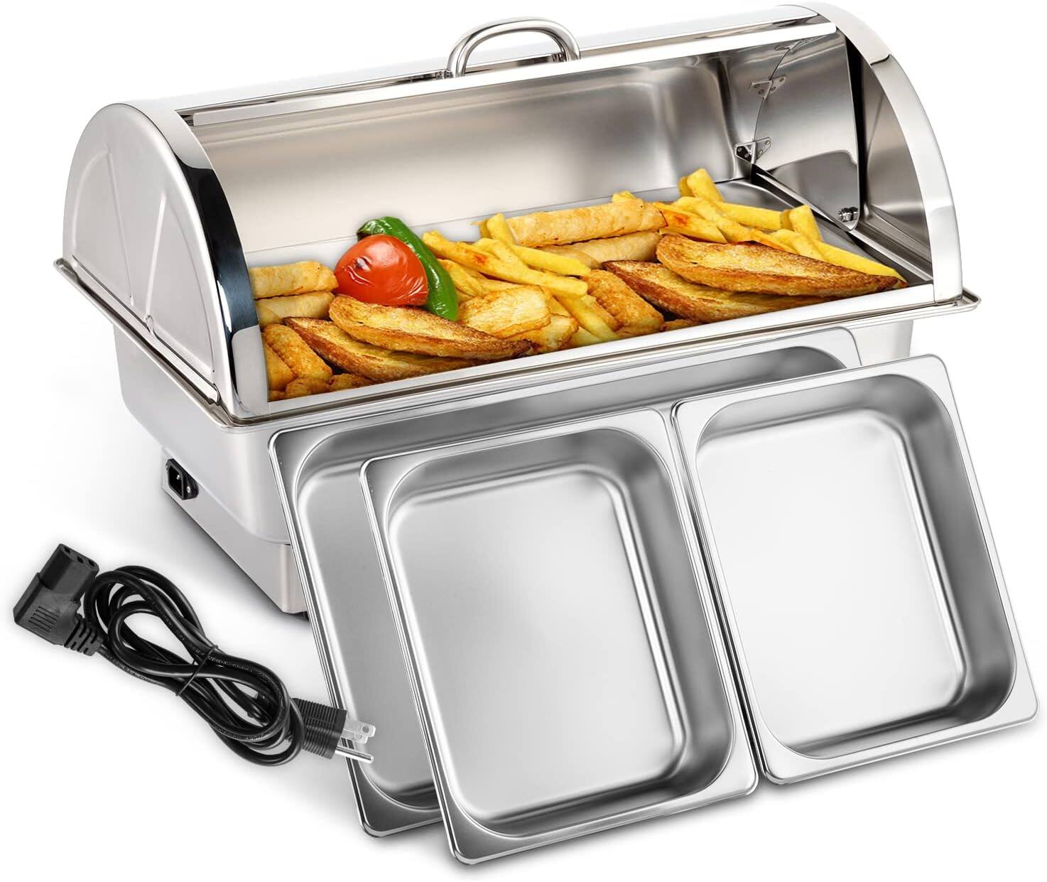 Front. Winado - Electric 9 QT Chafing Dish Buffet Set, NSF Stainless Steel Roll Top Catering Chafer Server Food Warmer with Cover - Silver.
