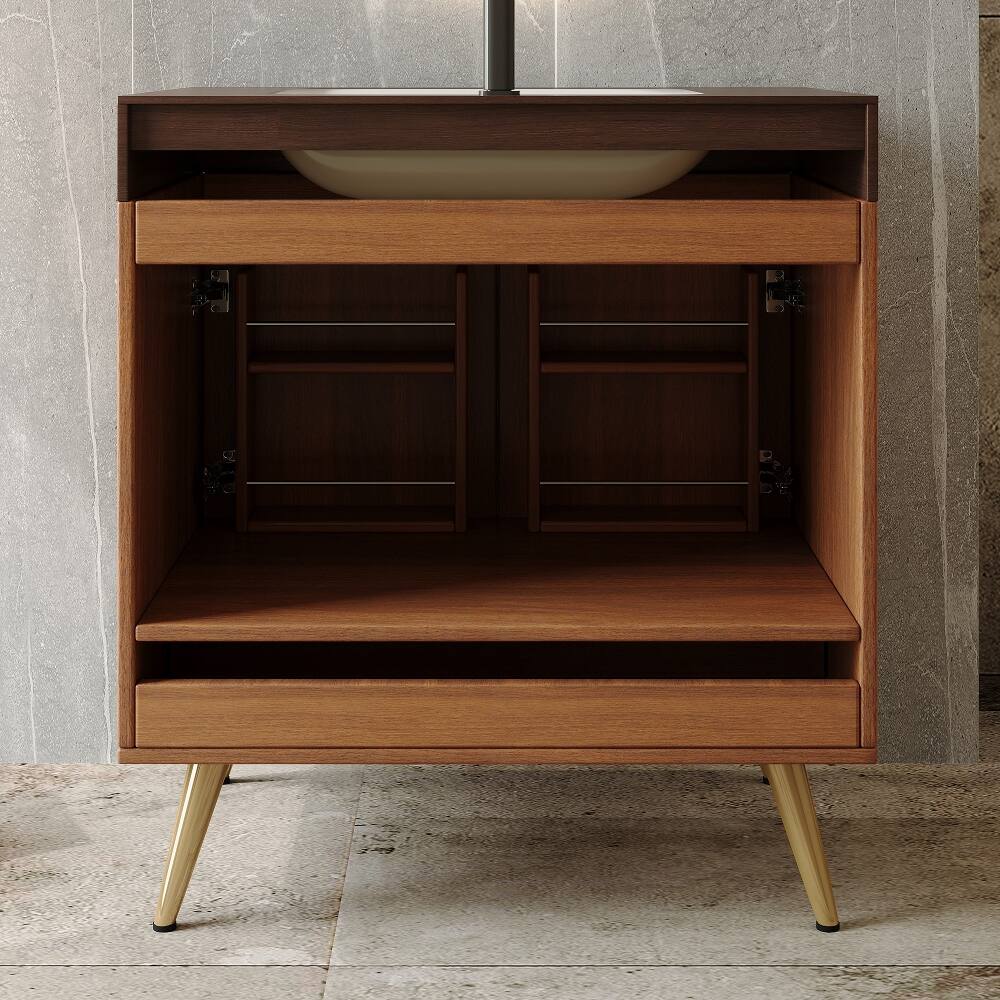 Alt View 3. Loheer - Loheer 30 inch freestanding bathroom vanity Walnut Faux Marble Top Ceramic Sink - Walnut.