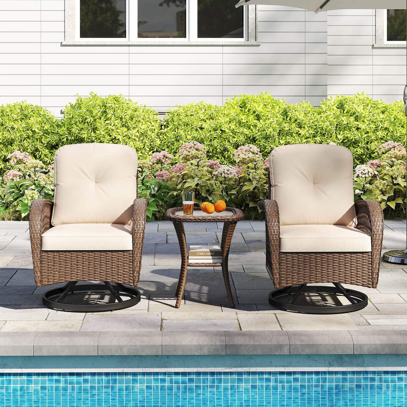Costway - 3 PCS Patio Swivel Rocker Set Gliding Bistro Furniture Set with Tempered Glass Table - Mix Brown + Beige