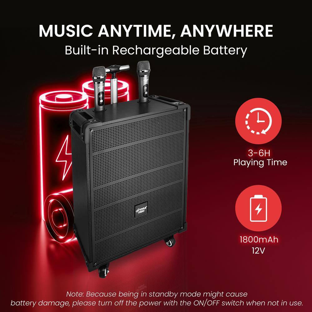 MUSIC ANYTIME, ANYWHERE  
Built-in Rechargeable Battery  

3-6H Playing Time  
1800mAh 12V  

Note: Because being in standby mode might cause battery damage, please turn off the power with the ON/OFF switch when not in use.