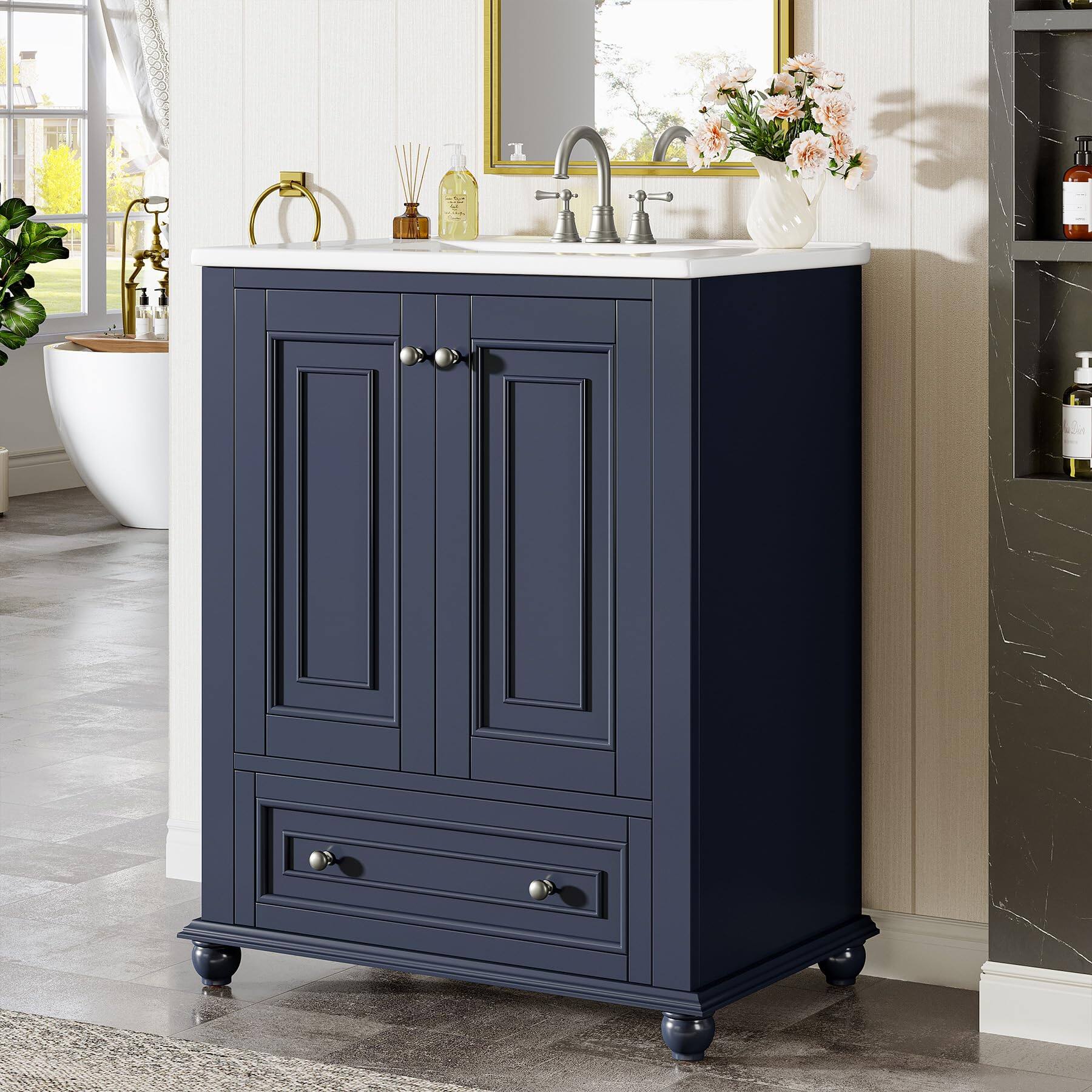 Front. Tribesigns - Bathroom Vanity with Ceramic Sink Combo, Solid Wooden Frame - Navy Blue.