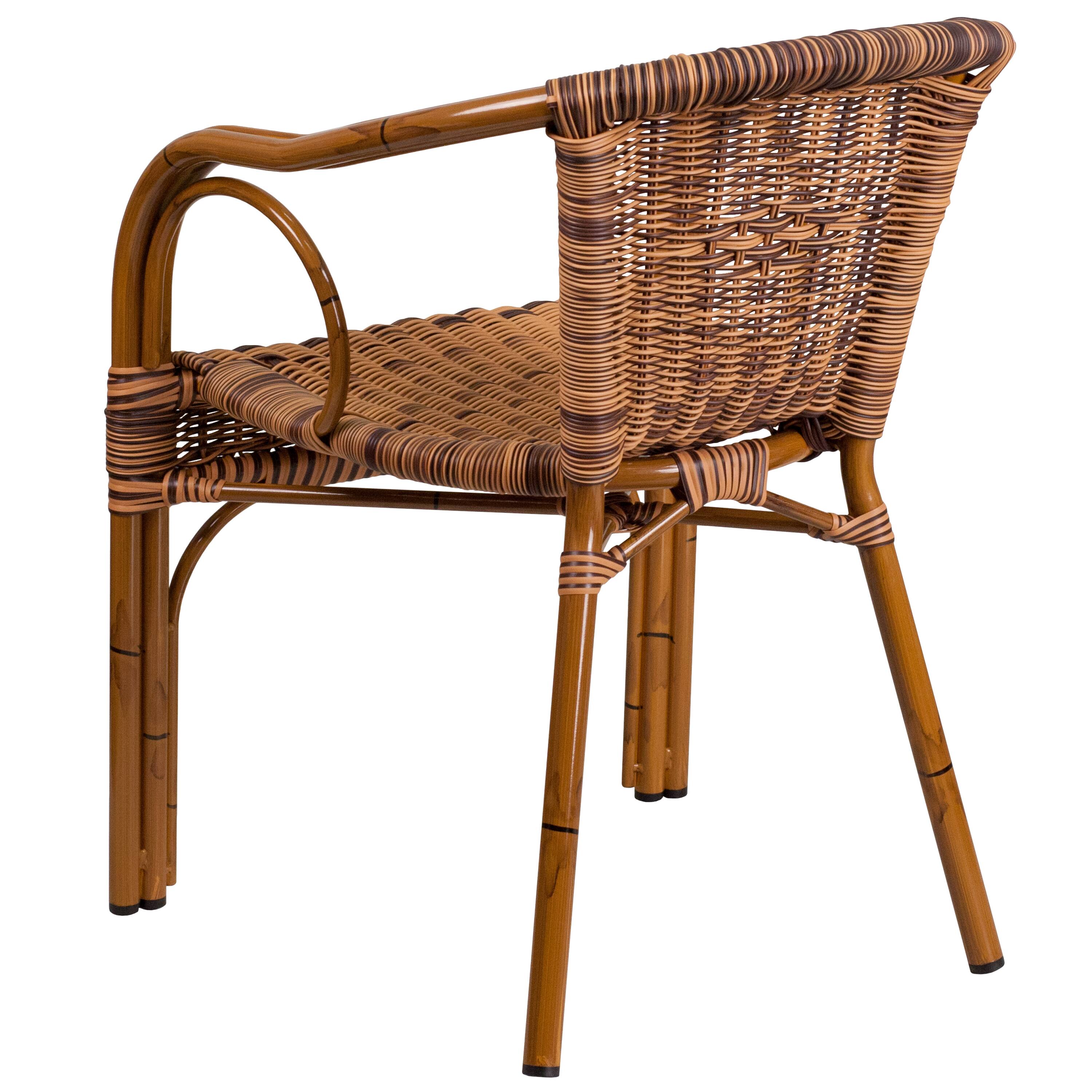 Alt View 5. Emma + Oliver - 3 Pack Rattan Restaurant Patio Chair with Bamboo-Aluminum Frame - Burning Brown Rattan/Dark Red Bamboo-Aluminum.