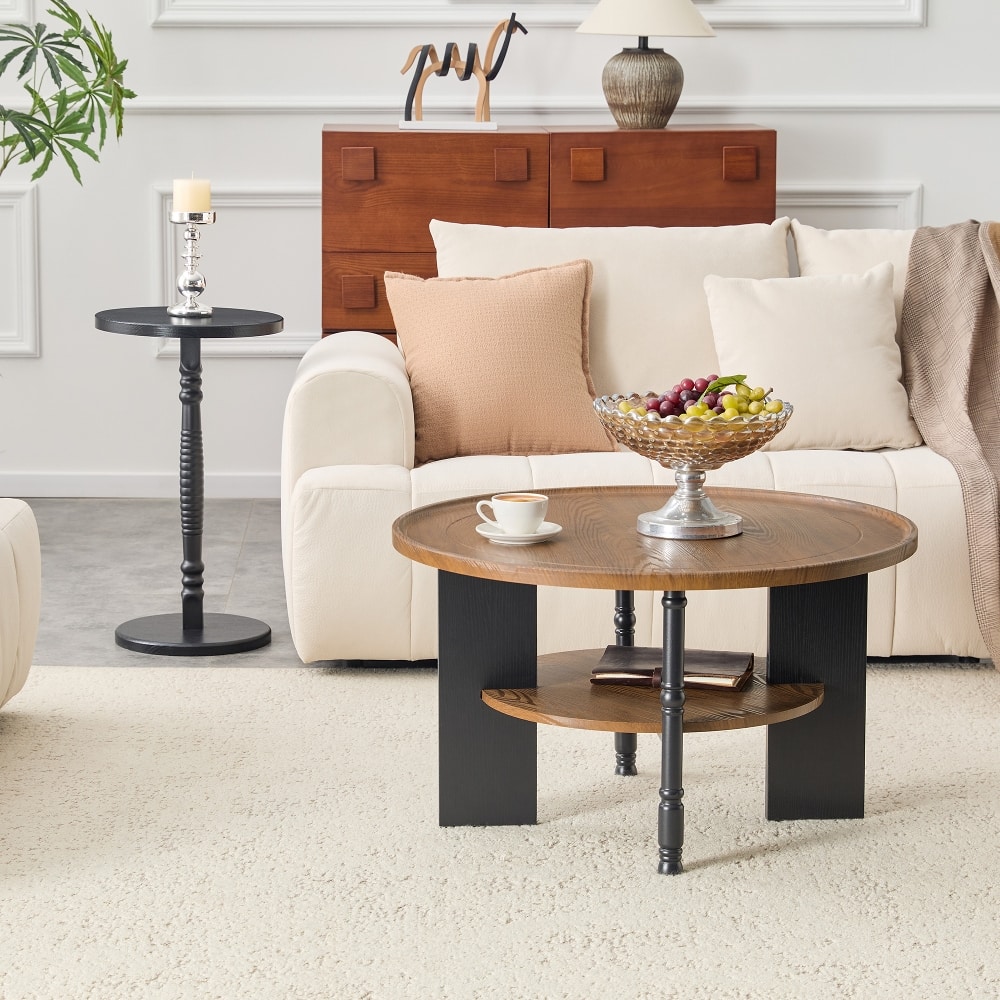 Loheer - 2-Piece Round Coffee Table Set Walnut Wood Grain Table - Walnut/Black price history on PriceWatchPro