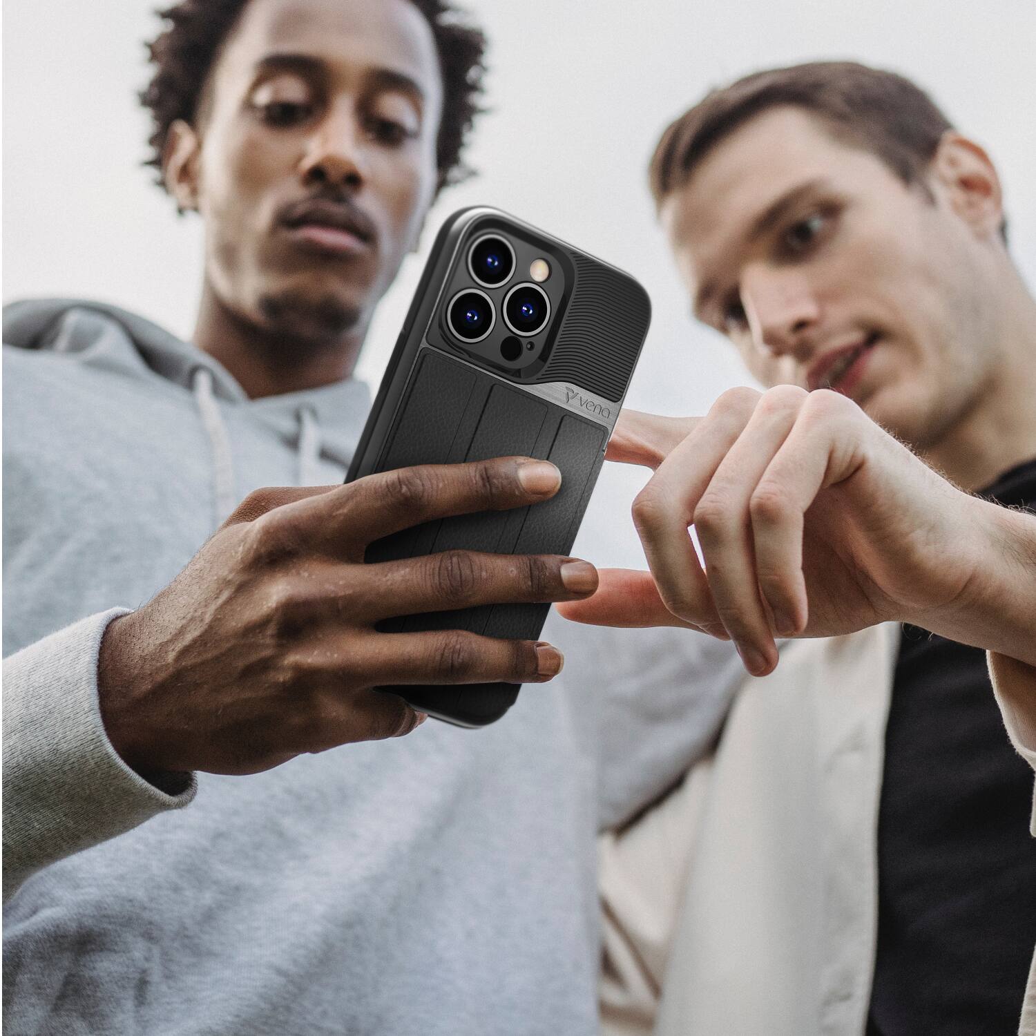 Angle. Vena - vCommute for Apple iPhone 14 Pro Wallet Case, Leather Flip Cover with Card Slot and Kickstand - Black - Black.