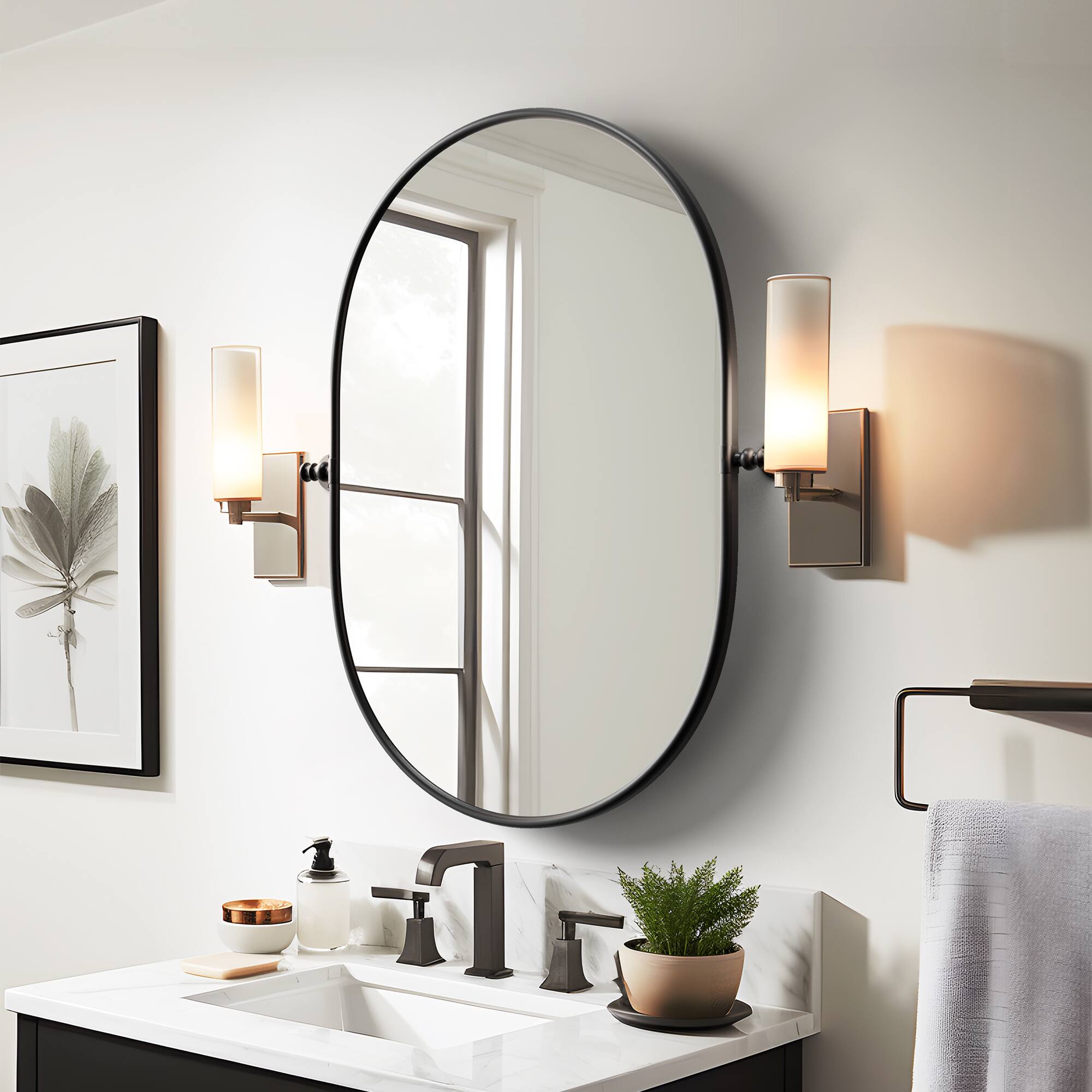 Left. Lirago - Black Wrought Iron Oval Swivel Mirror 1.56" D x 23" W x 32" H - Black.