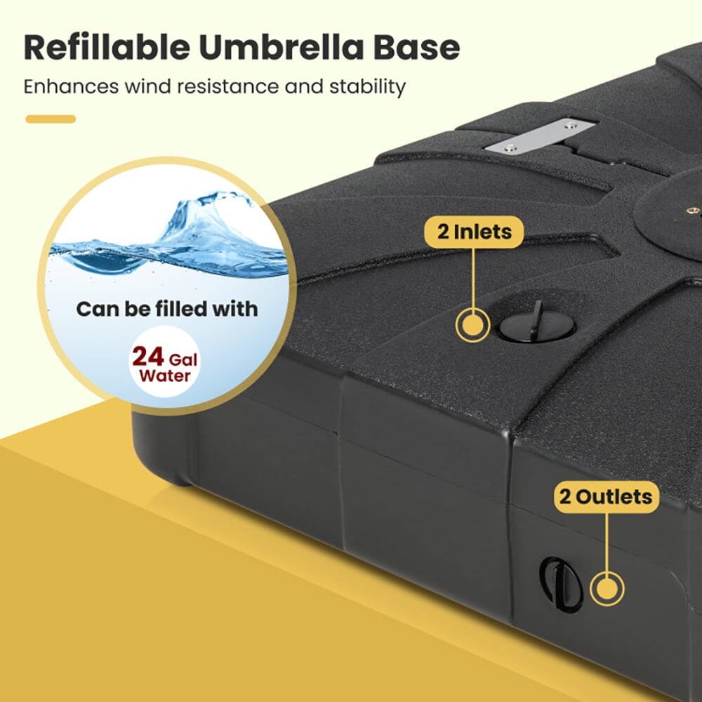 Refillable Umbrella Base  
Enhances wind resistance and stability  

- 2 Inlets  
- Can be filled with 24 Gal Water  
- 2 Outlets