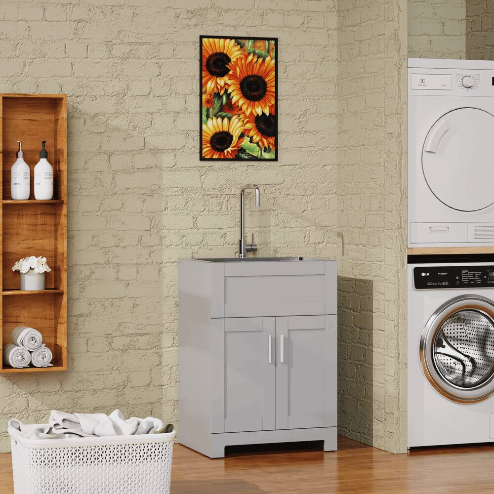 Left. Kadyn - 24" Bathroom Sink Vanity Laundry Utility Cabinet - Stainless Steel Sink Combo, Gray - Gray.