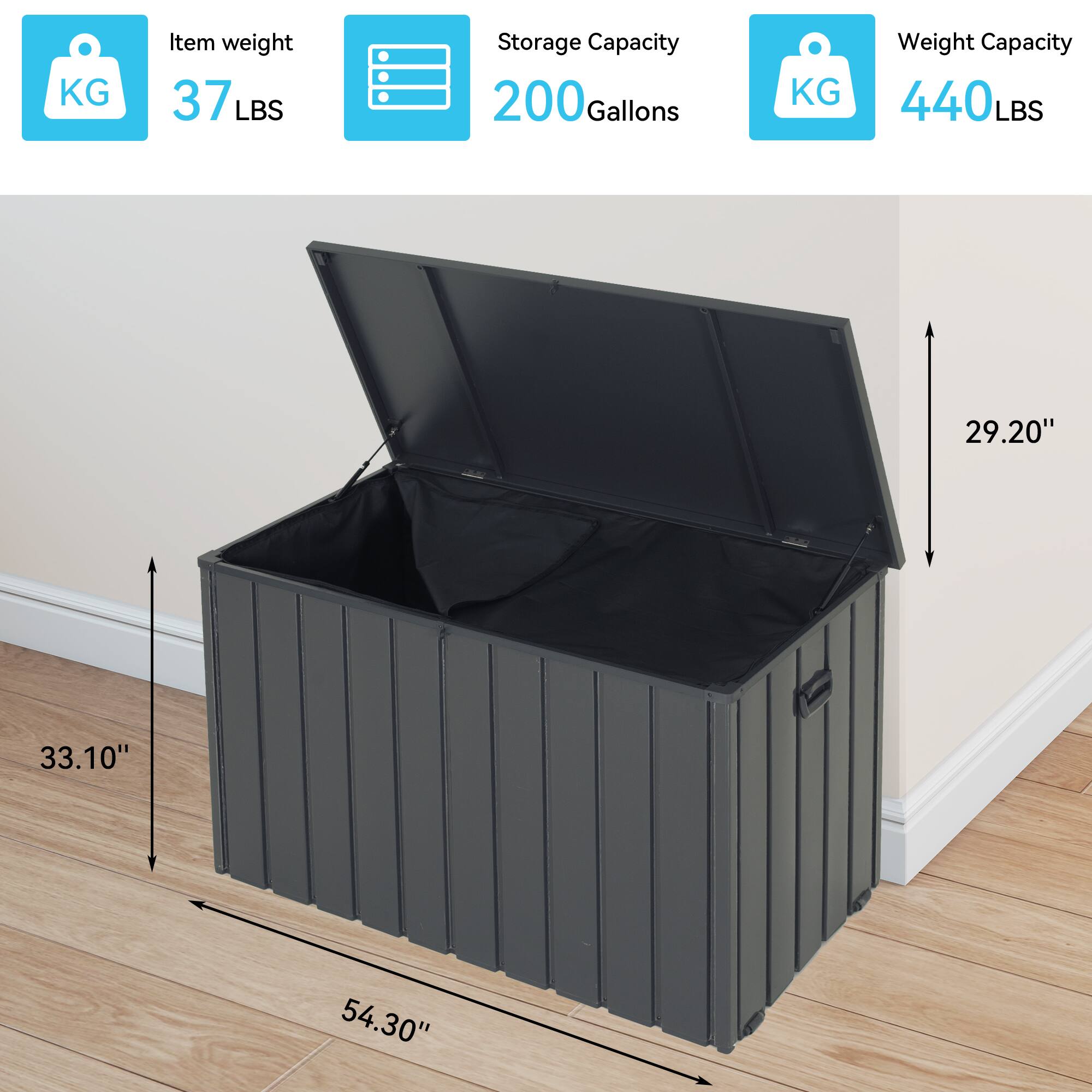 Item weight: 37 LBS  
Storage Capacity: 200 Gallons  
Weight Capacity: 440 LBS  
Dimensions: 54.30" x 33.10" x 29.20"
