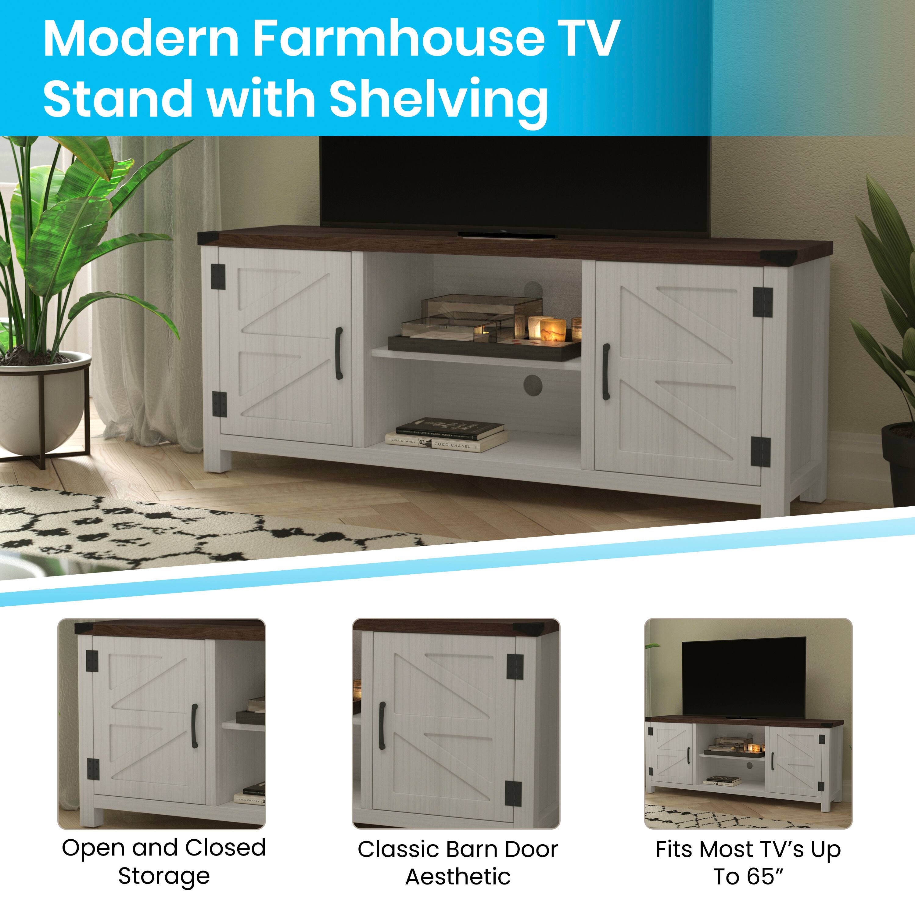 Modern Farmhouse TV Stand with Shelving

- Open and Closed Storage
- Classic Barn Door Aesthetic
- Fits Most TV's Up To 65"