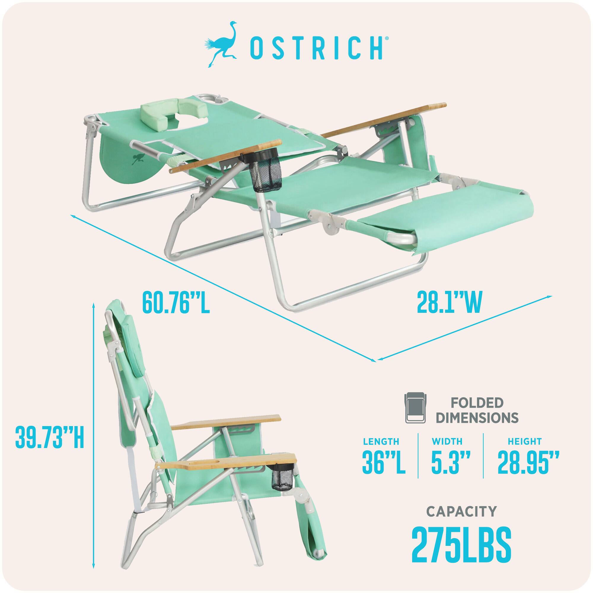 OSTRICH  
60.76"L x 28.1"W x 39.73"H  
FOLDED DIMENSIONS: 36"L x 5.3"W x 28.95"H  
CAPACITY: 275LBS