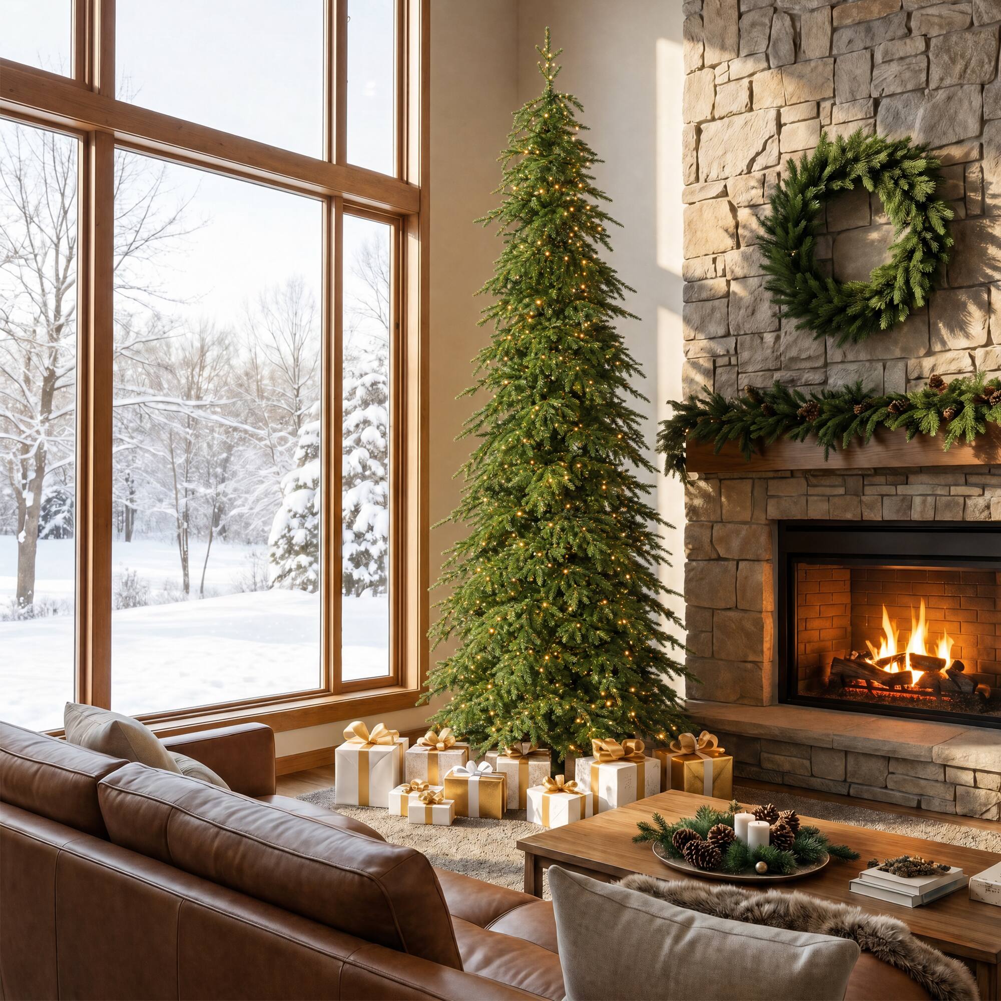Alt View 8. Glitzhome - 11ft Pre-Lit Pencil Spruce Artificial Christmas Tree with 800 Lights - Green.